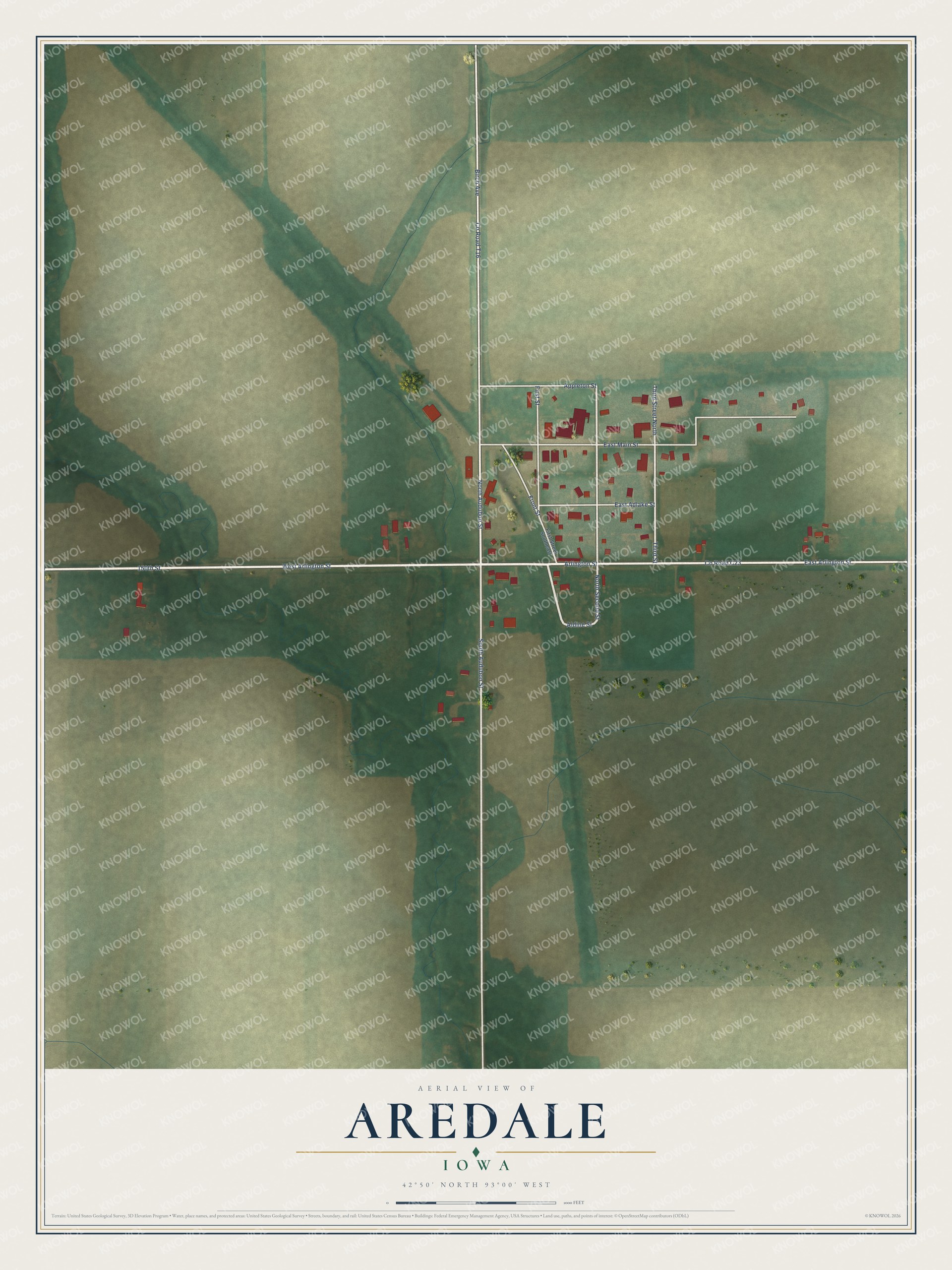 Full map of Aredale, Iowa, with red buildings, printed street names and the land around them