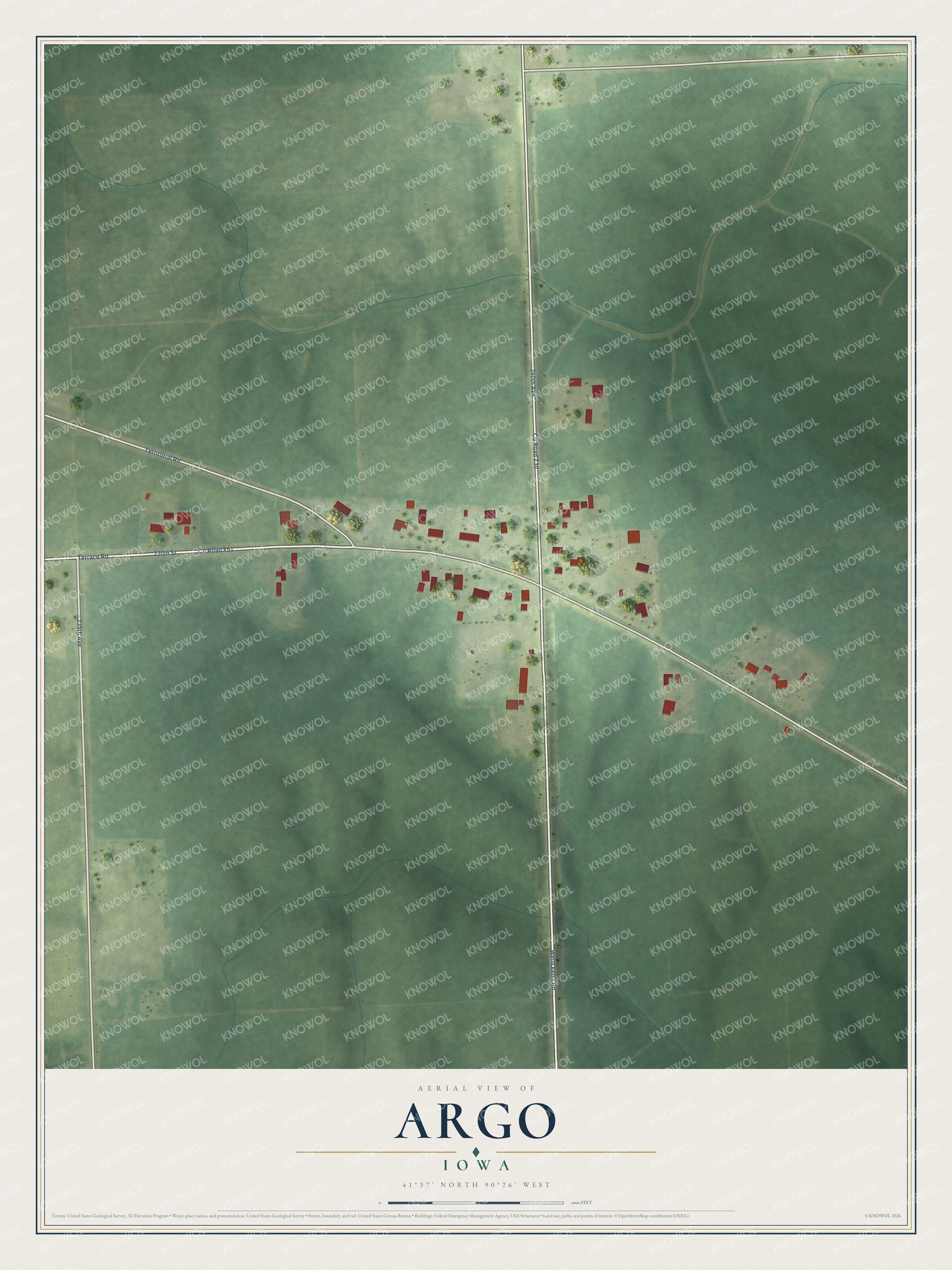 Full map of Argo, Iowa, with red buildings, printed street names and the land around them