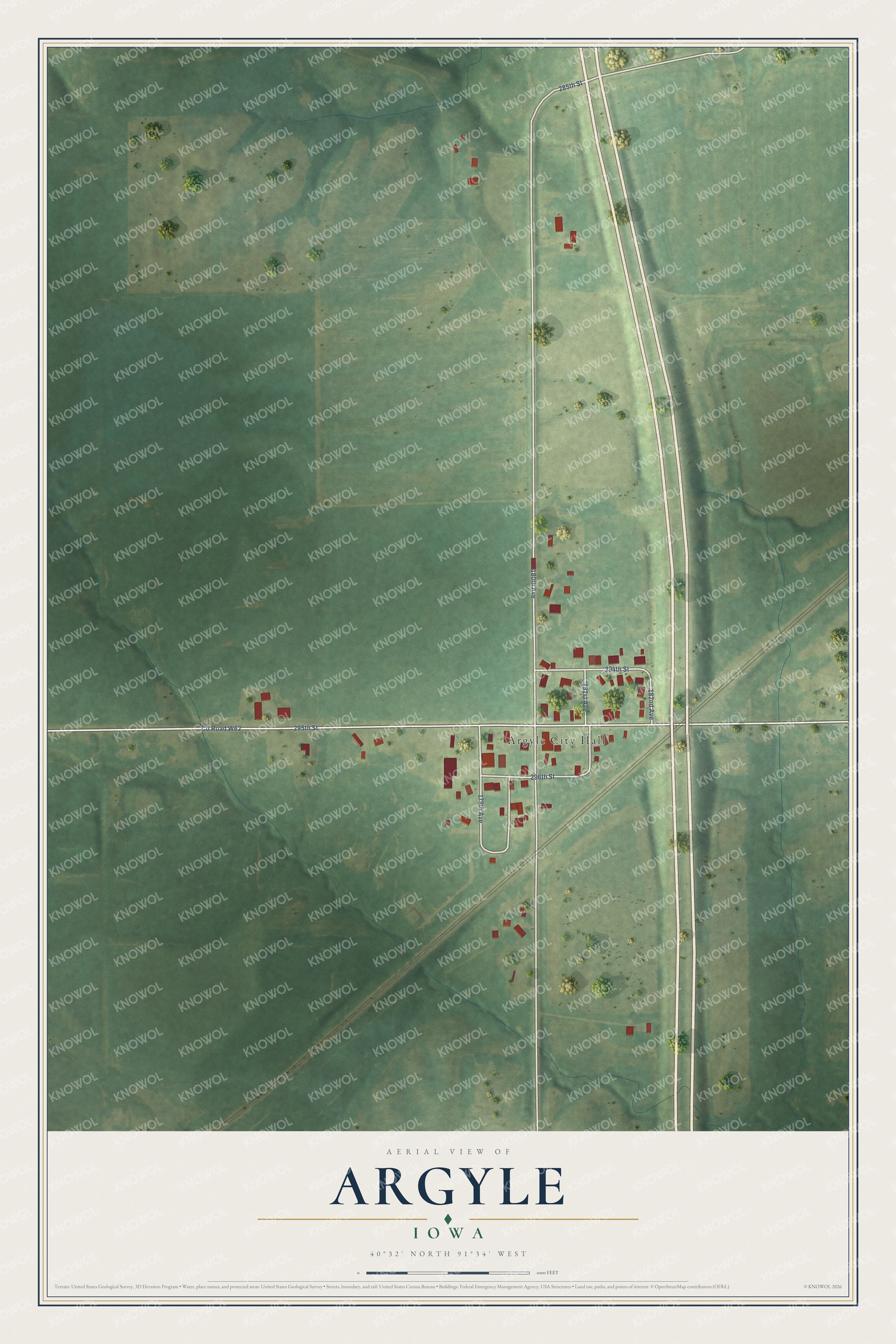 Full map of Argyle, Iowa, with red buildings, printed street names and the land around them