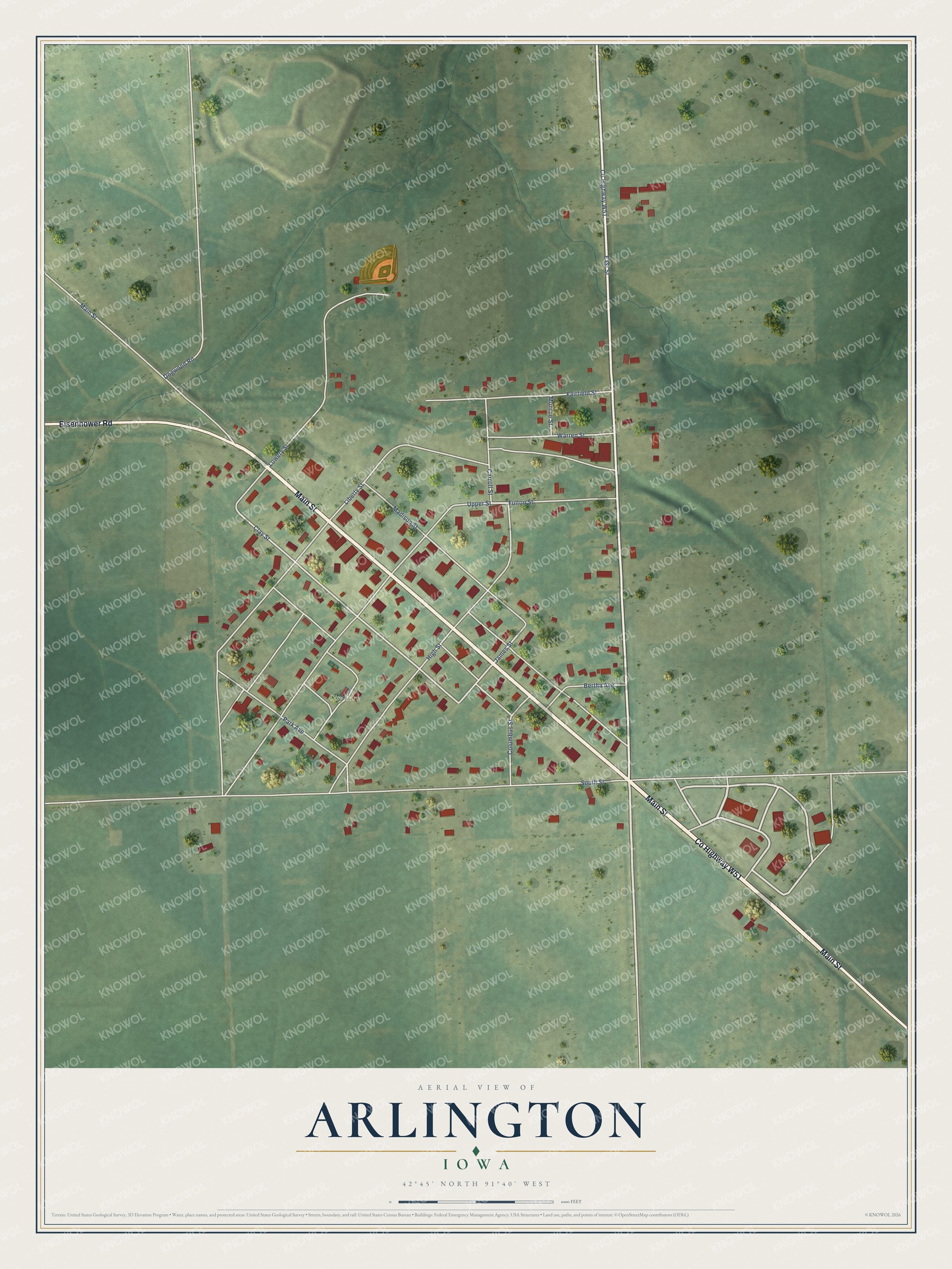 Full map of Arlington, Iowa, with red buildings, printed street names and the land around them