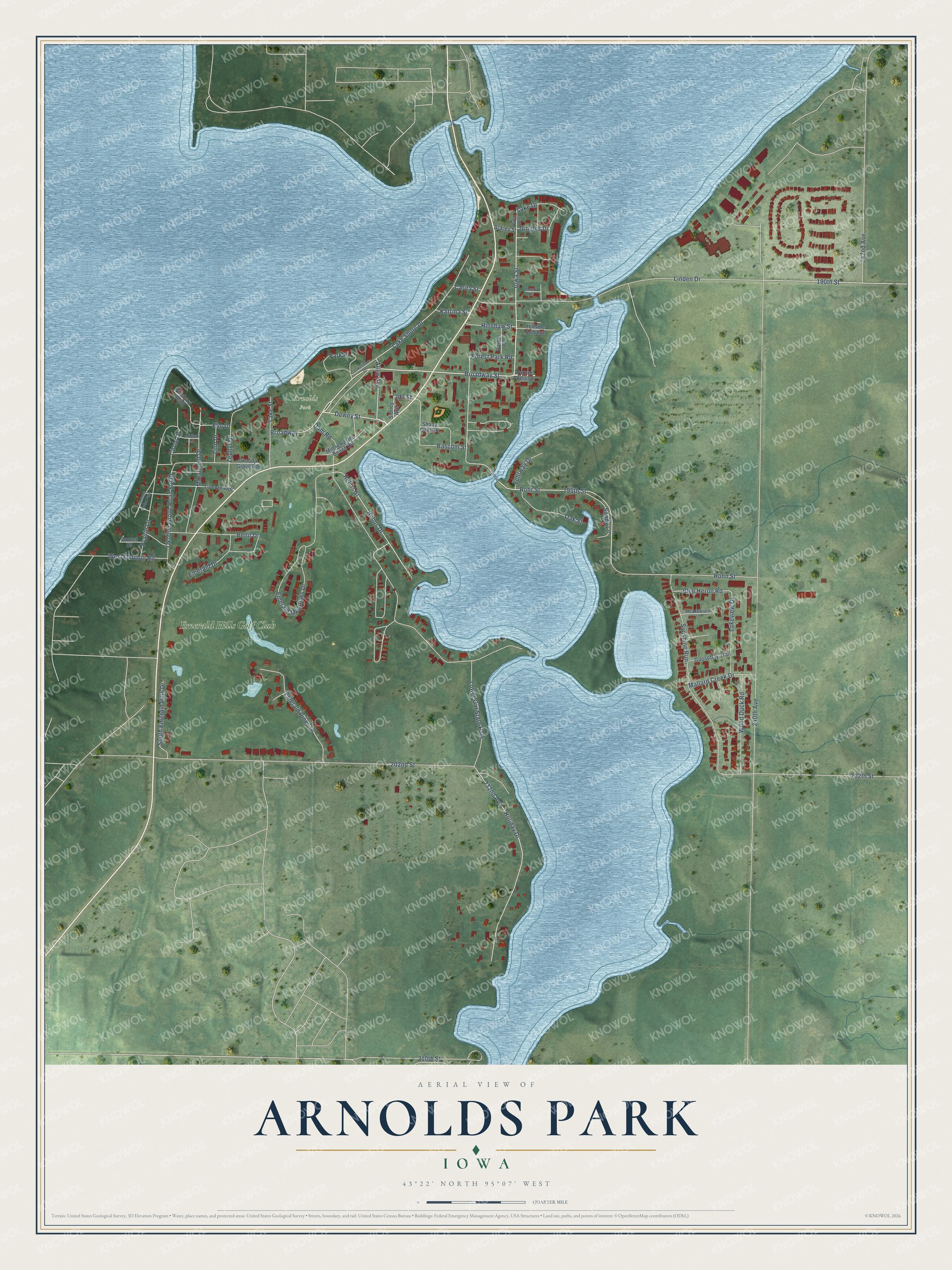 Full map of Arnolds Park, Iowa, with red buildings, printed street names and the land around them