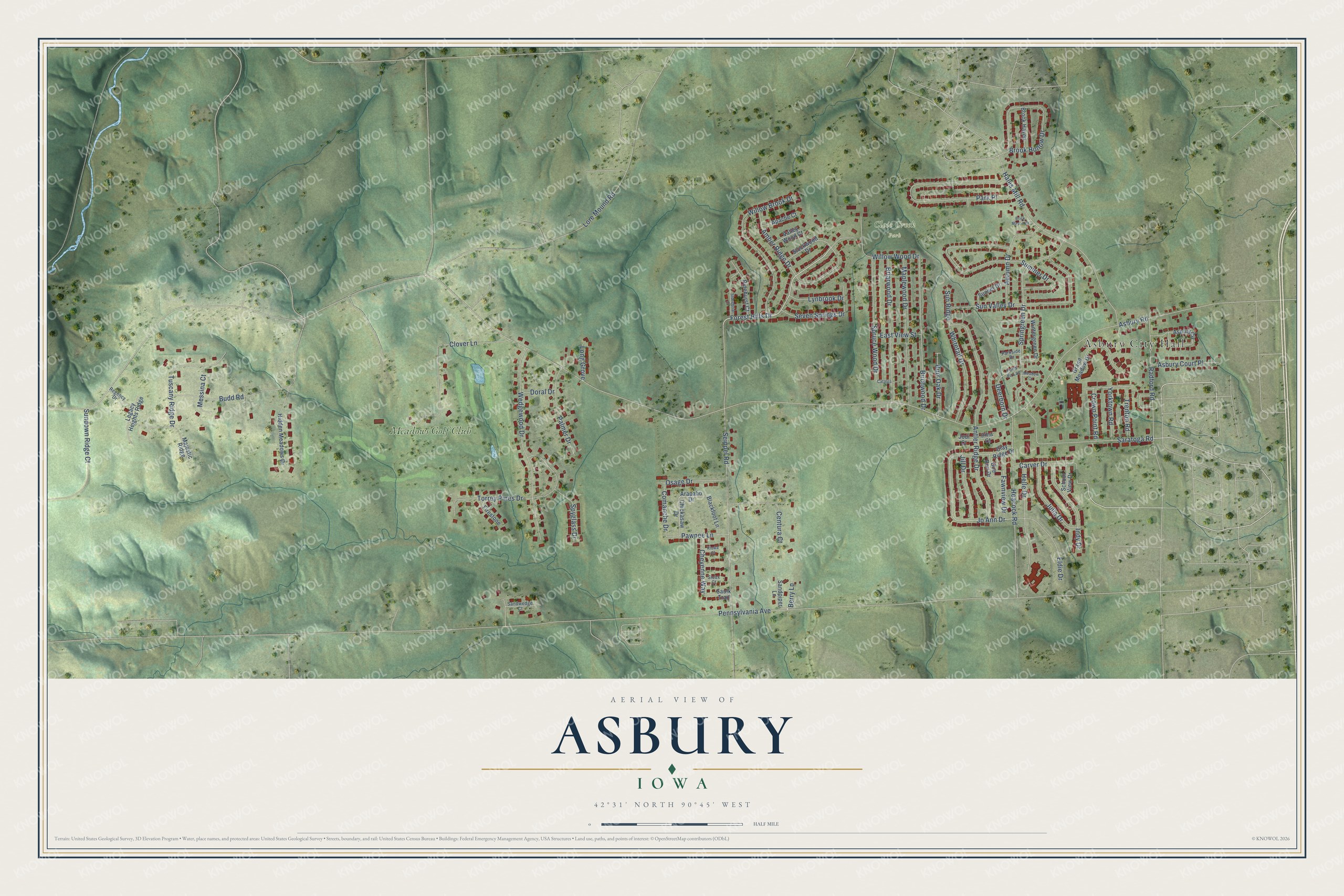 Full map of Asbury, Iowa, with red buildings, printed street names and the land around them