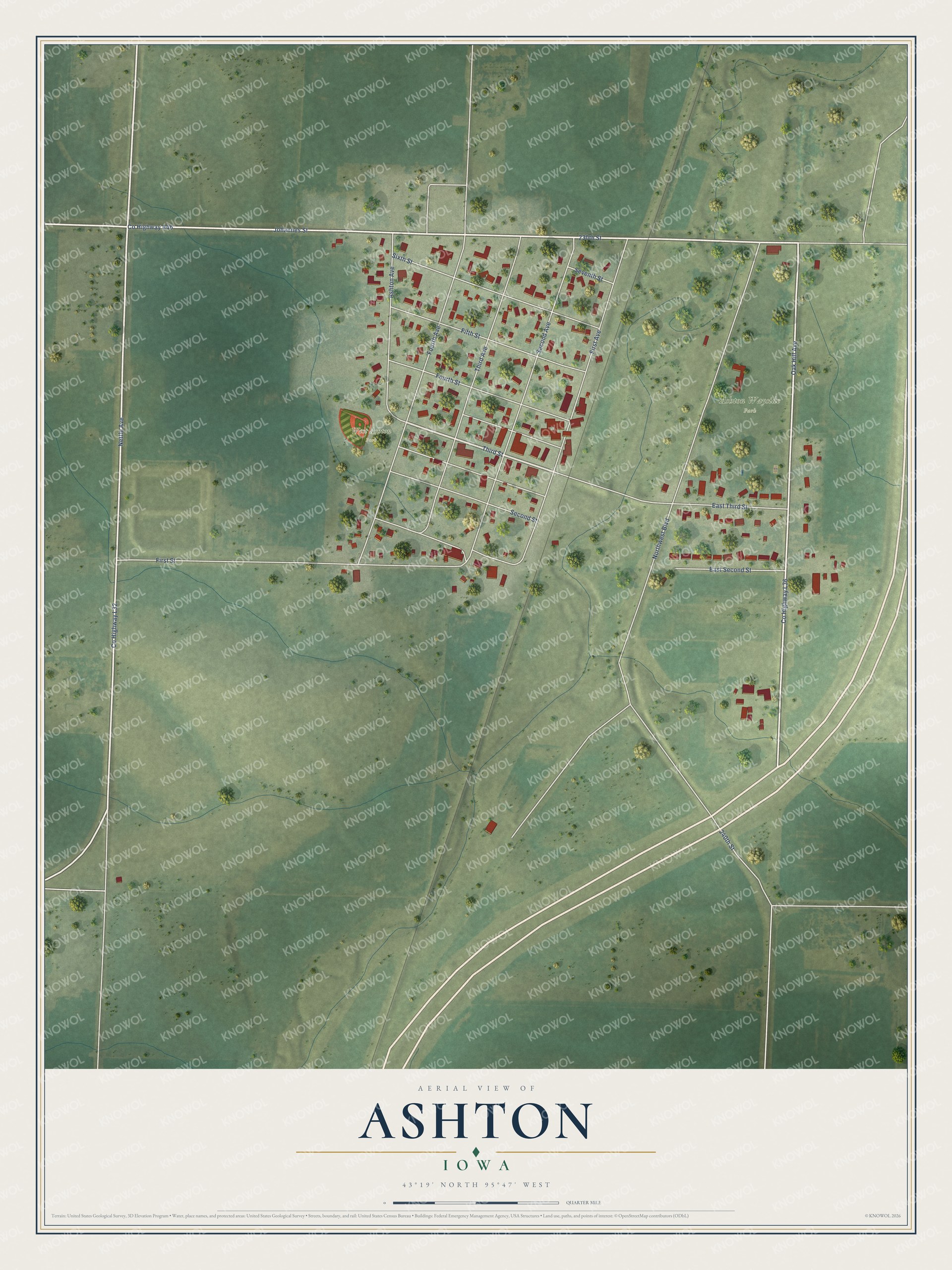 Full map of Ashton, Iowa, with red buildings, printed street names and the land around them