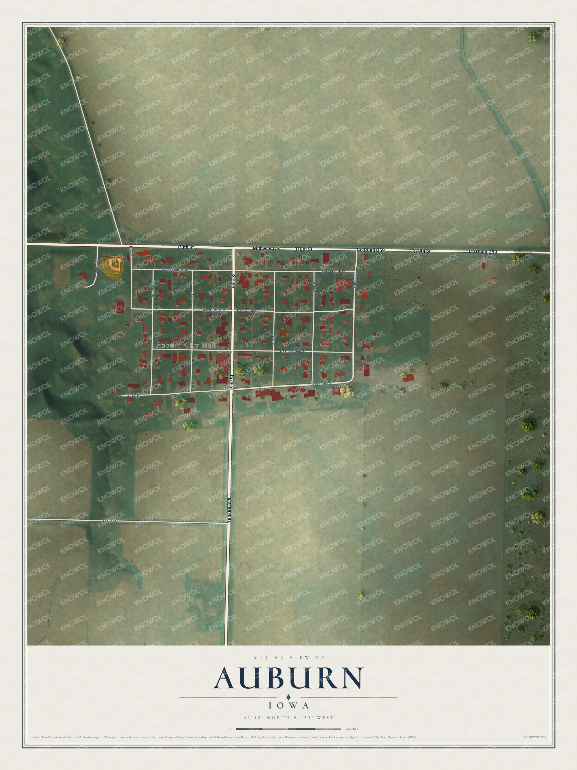 Full map of Auburn, Iowa, with red buildings, printed street names and the land around them