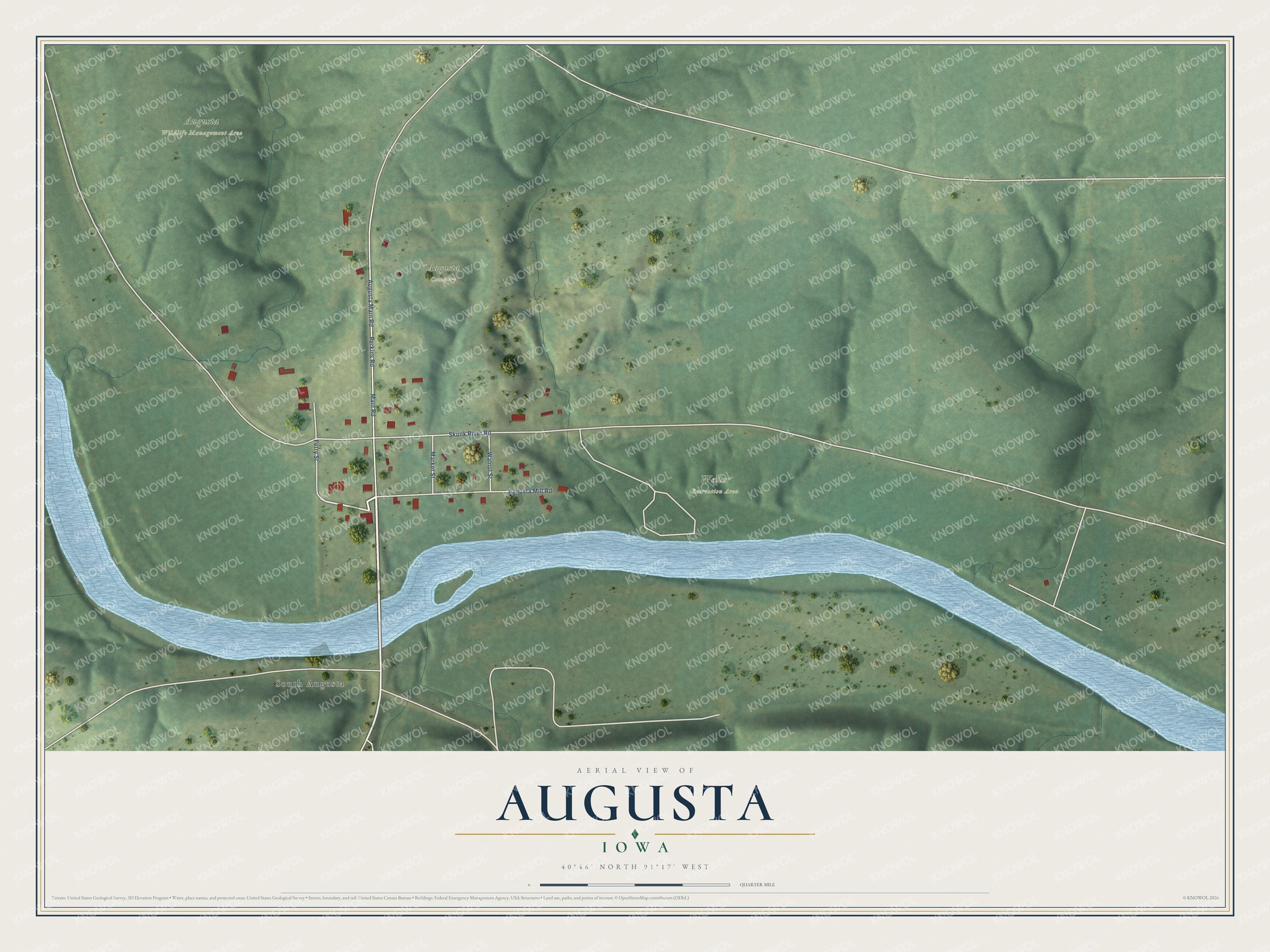 Full map of Augusta, Iowa, with red buildings, printed street names and the land around them