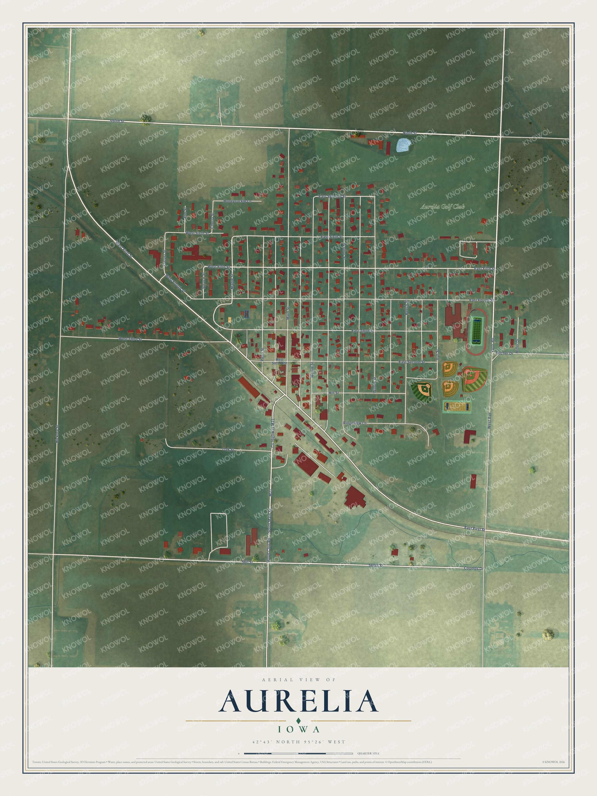 Full map of Aurelia, Iowa, with red buildings, printed street names and the land around them