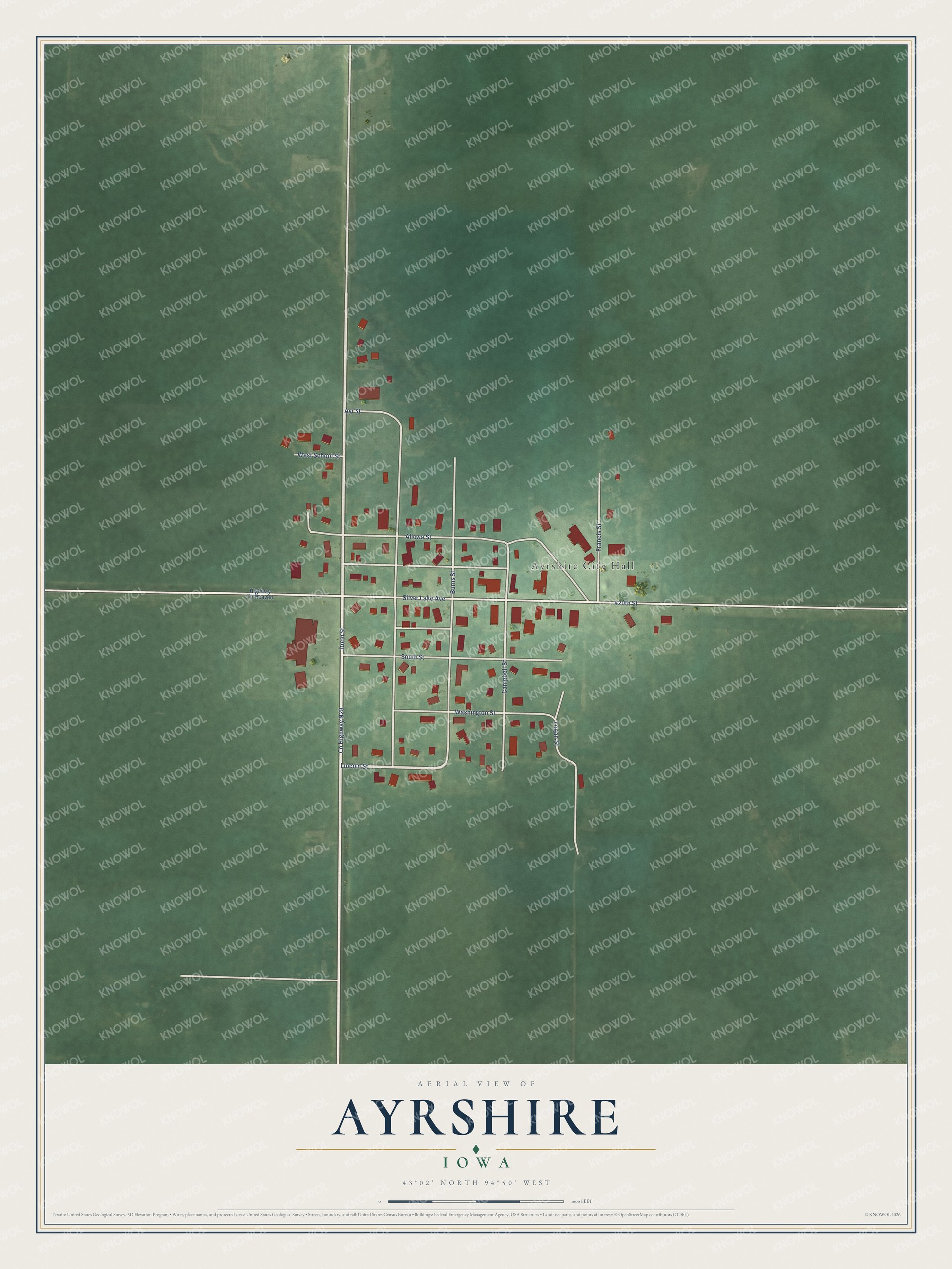 Full map of Ayrshire, Iowa, with red buildings, printed street names and the land around them