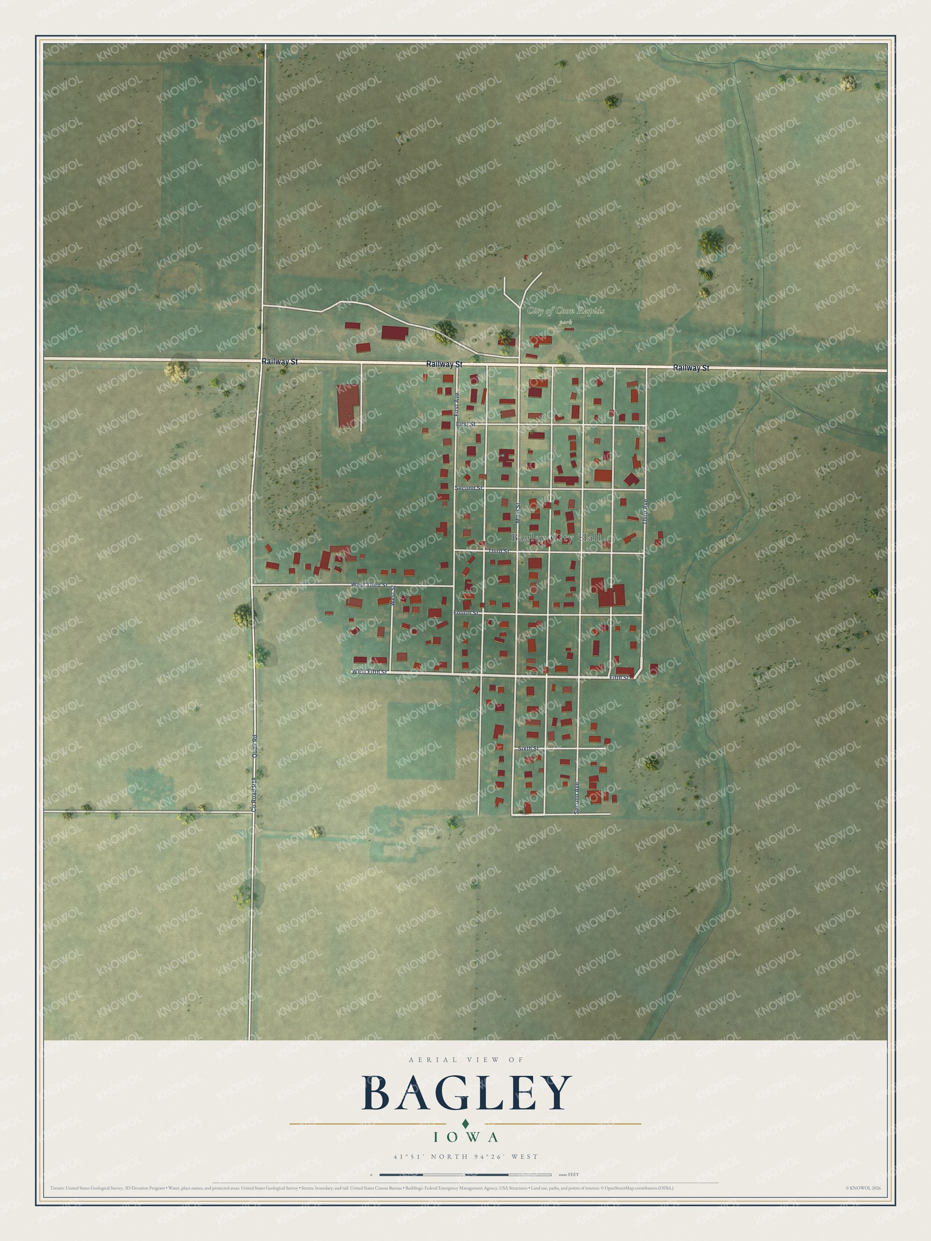 Full map of Bagley, Iowa, with red buildings, printed street names and the land around them