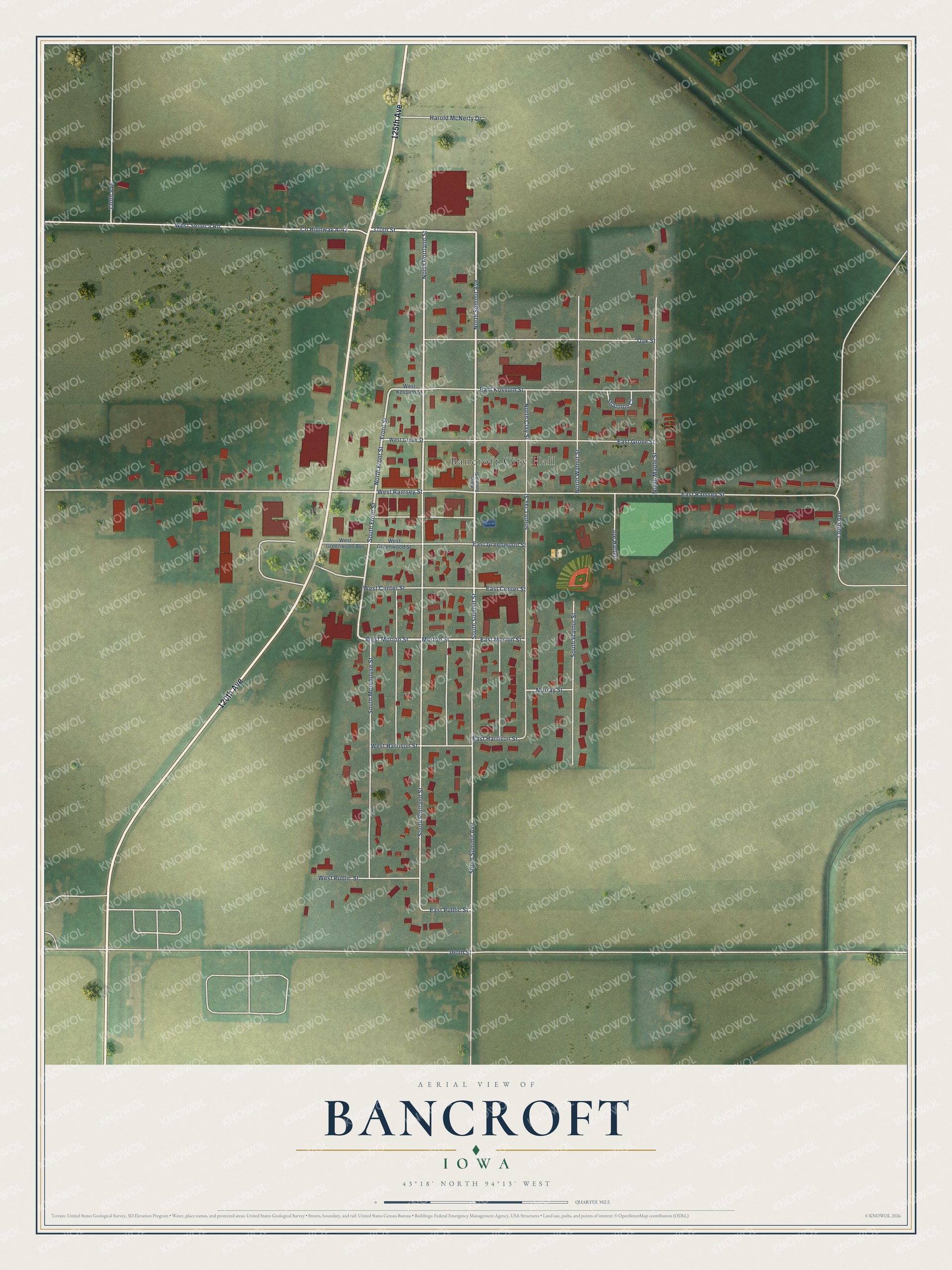 Full map of Bancroft, Iowa, with red buildings, printed street names and the land around them