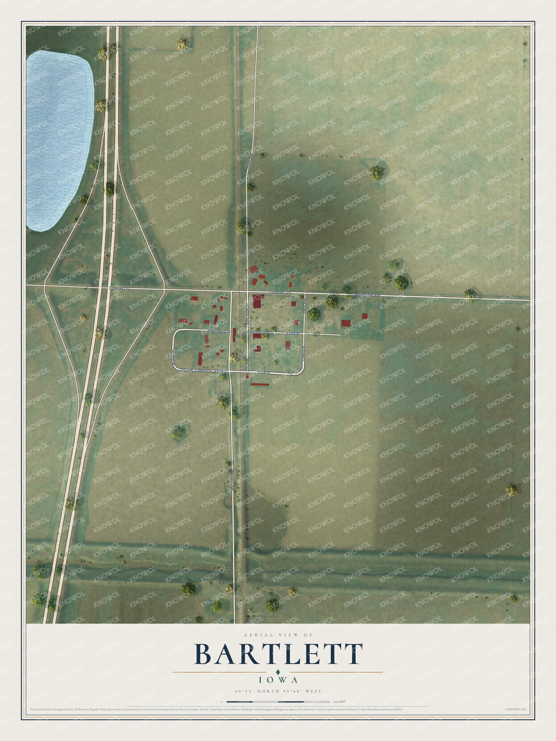 Full map of Bartlett, Iowa, with red buildings, printed street names and the land around them