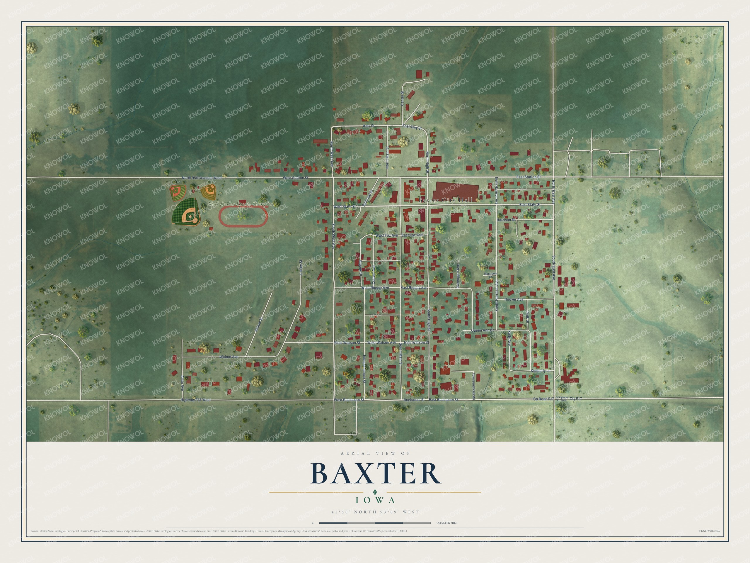 Full map of Baxter, Iowa, with red buildings, printed street names and the land around them