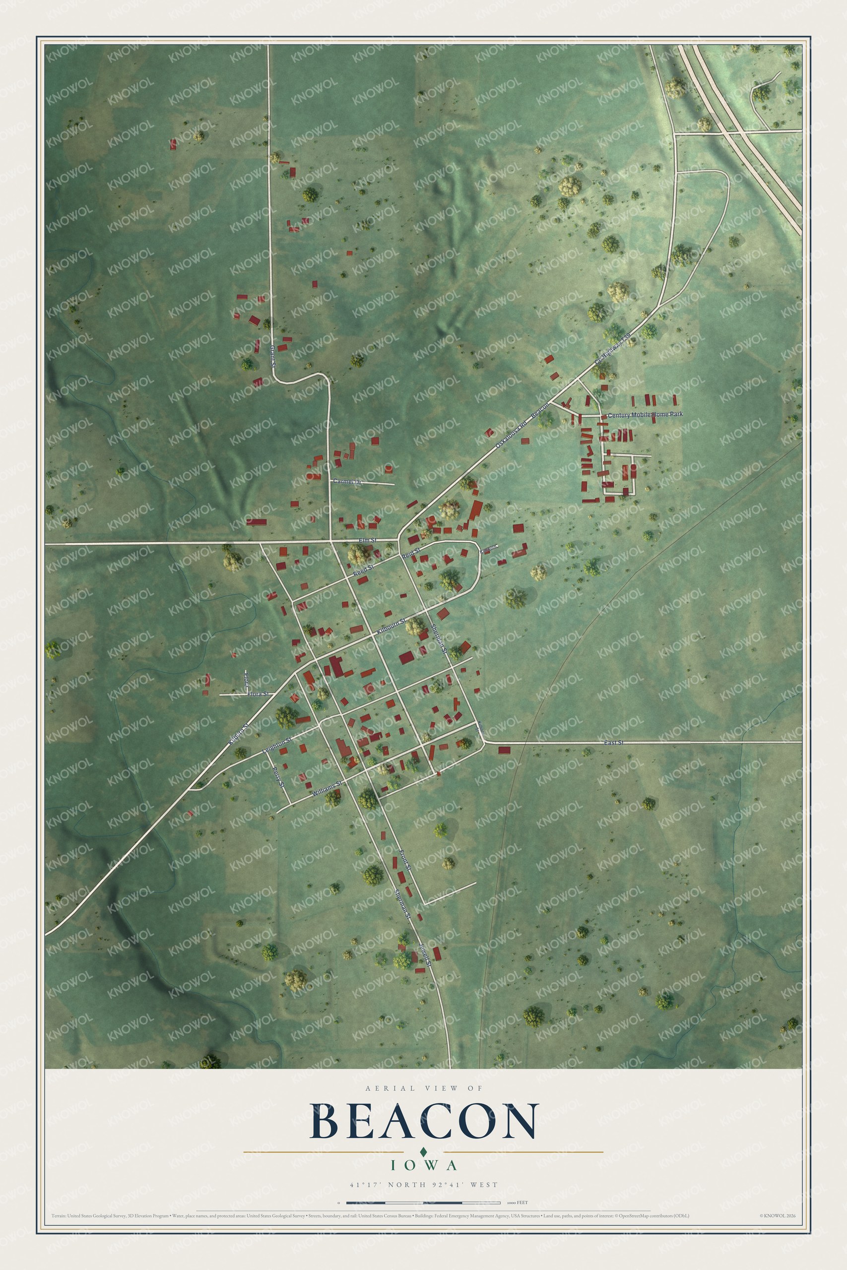 Full map of Beacon, Iowa, with red buildings, printed street names and the land around them
