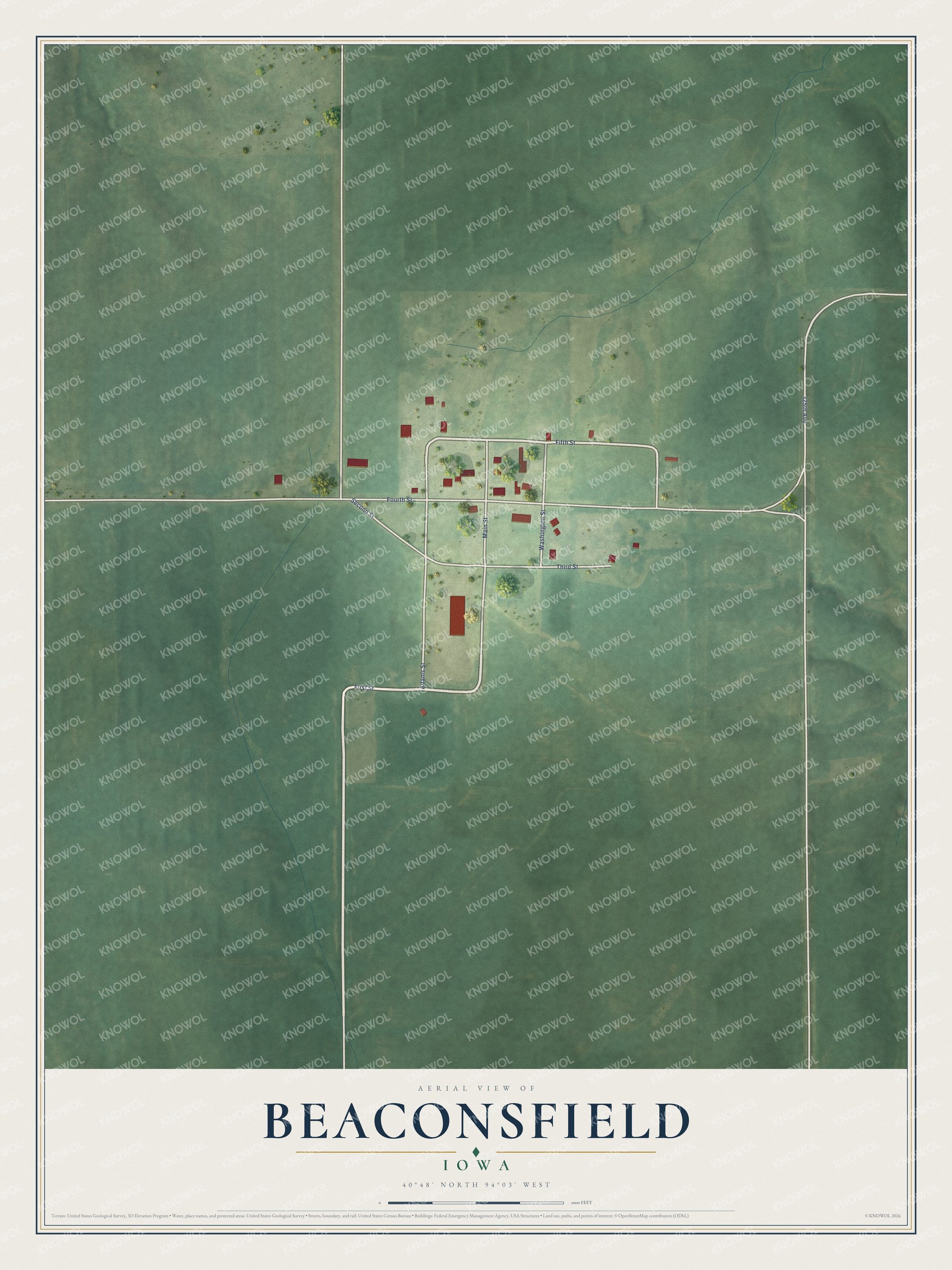 Full map of Beaconsfield, Iowa, with red buildings, printed street names and the land around them