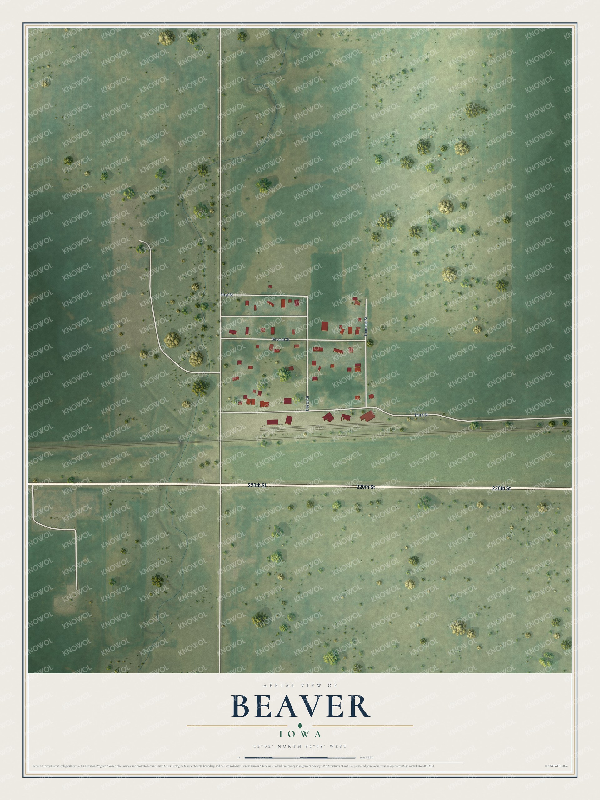 Full map of Beaver, Iowa, with red buildings, printed street names and the land around them