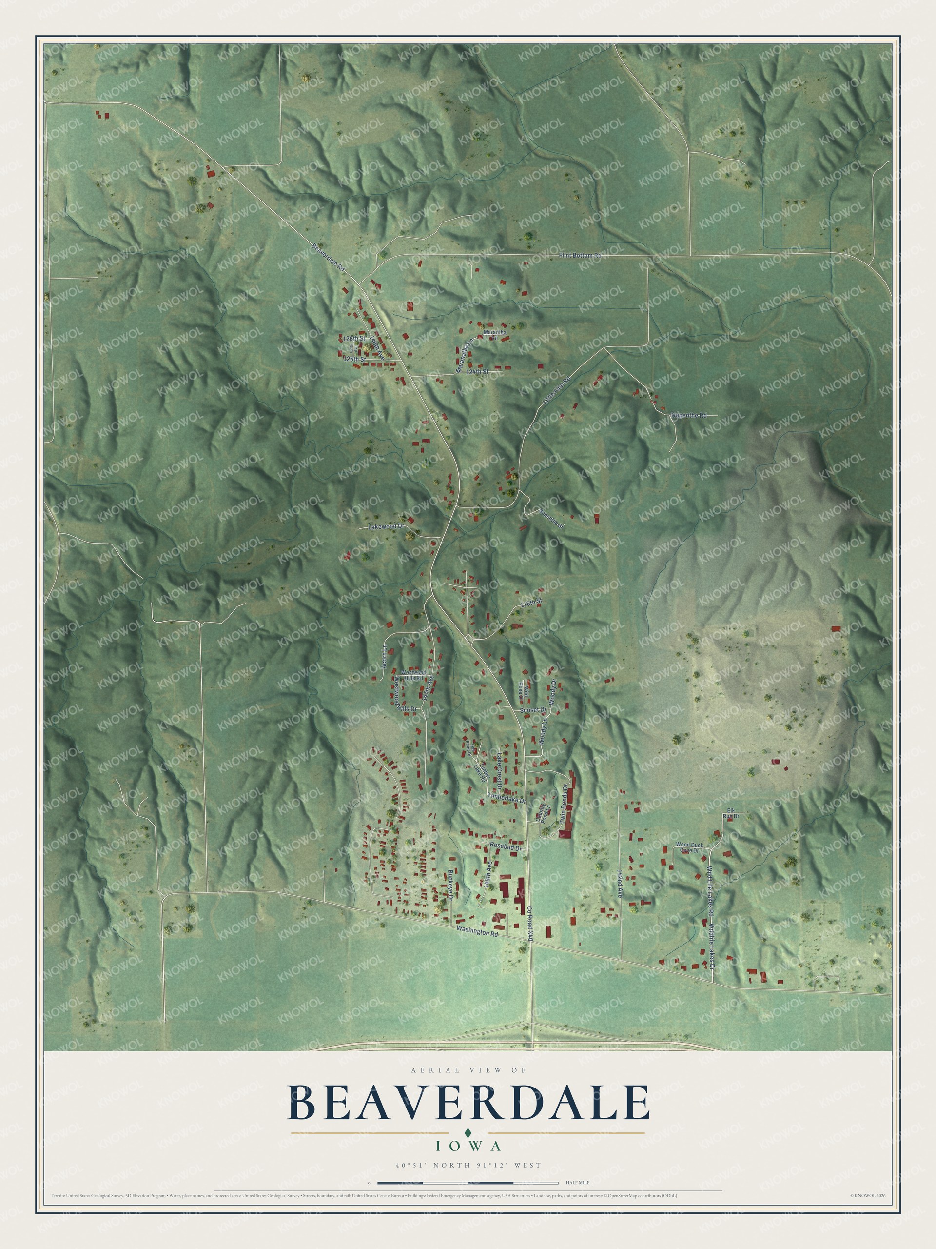 Full map of Beaverdale, Iowa, with red buildings, printed street names and the land around them