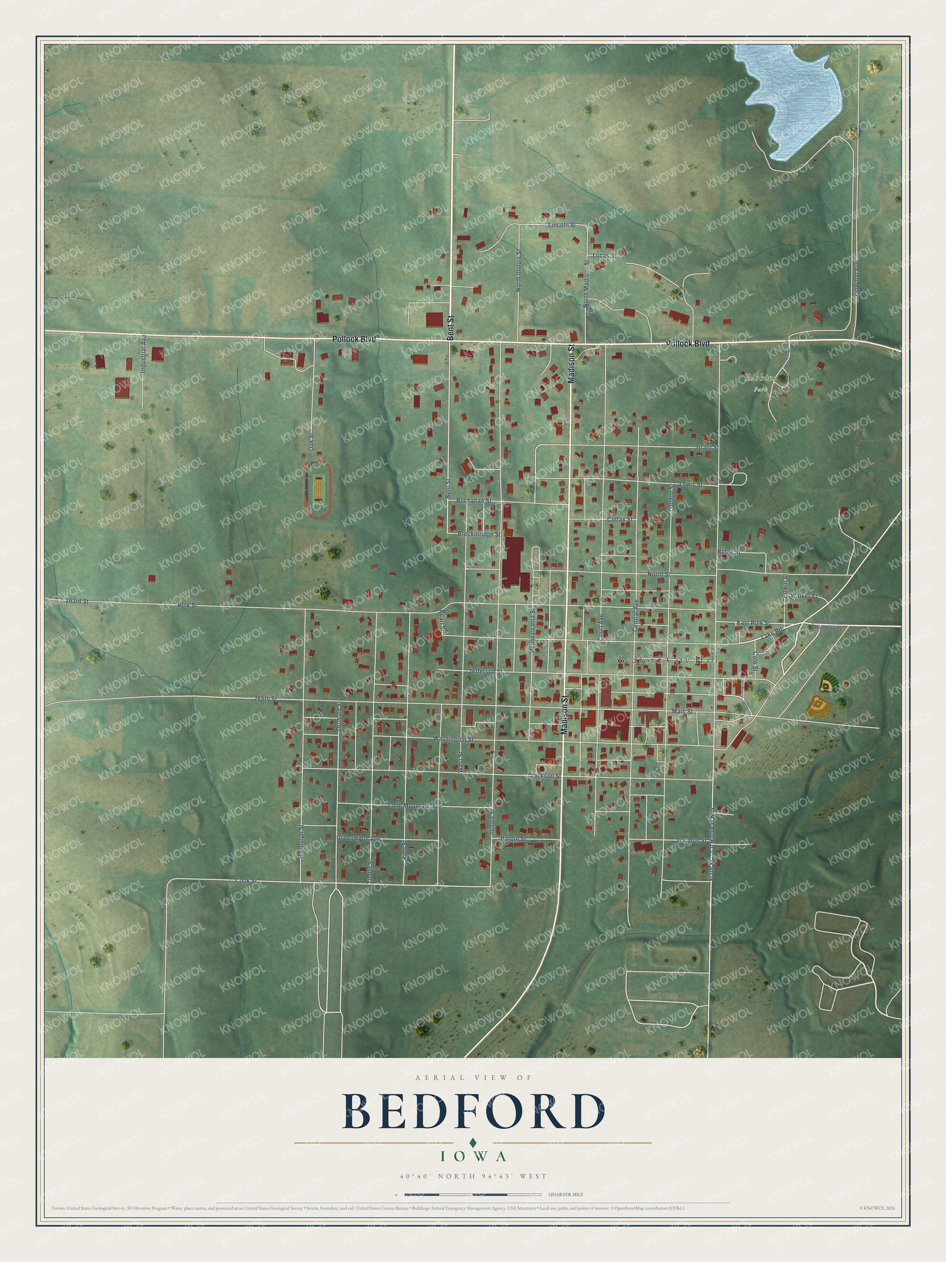 Full map of Bedford, Iowa, with red buildings, printed street names and the land around them