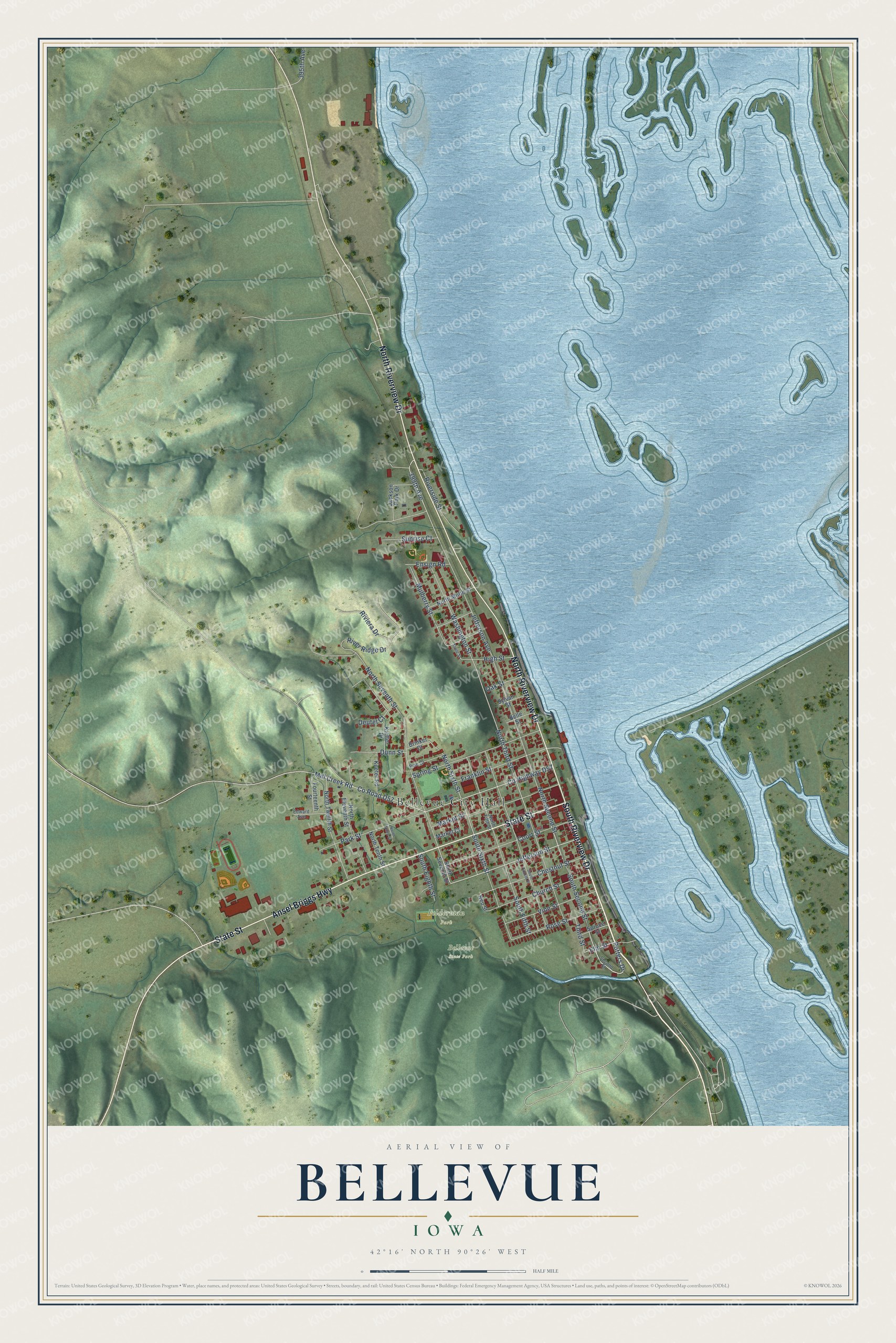 Full map of Bellevue, Iowa, with red buildings, printed street names and the land around them