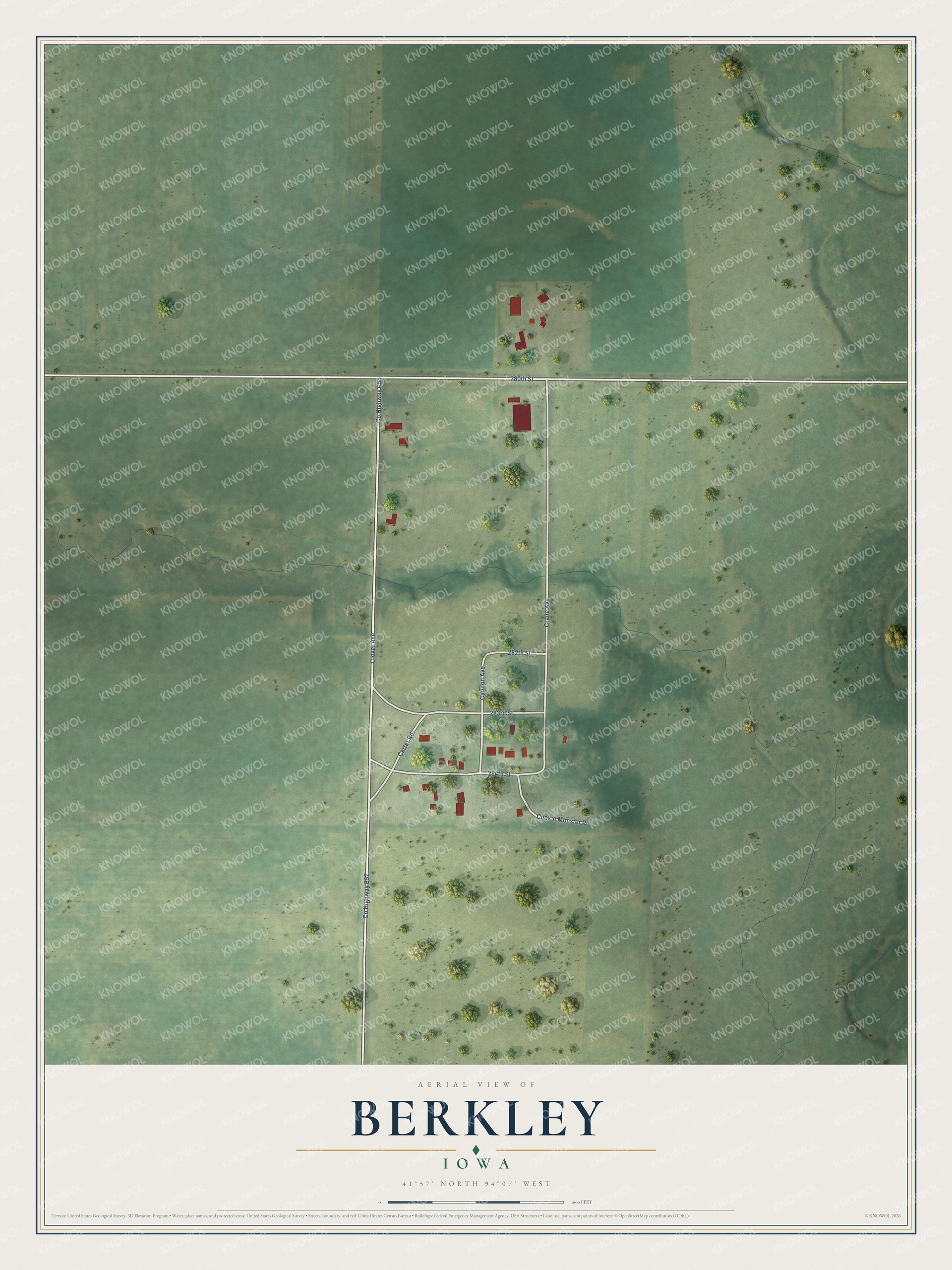 Full map of Berkley, Iowa, with red buildings, printed street names and the land around them