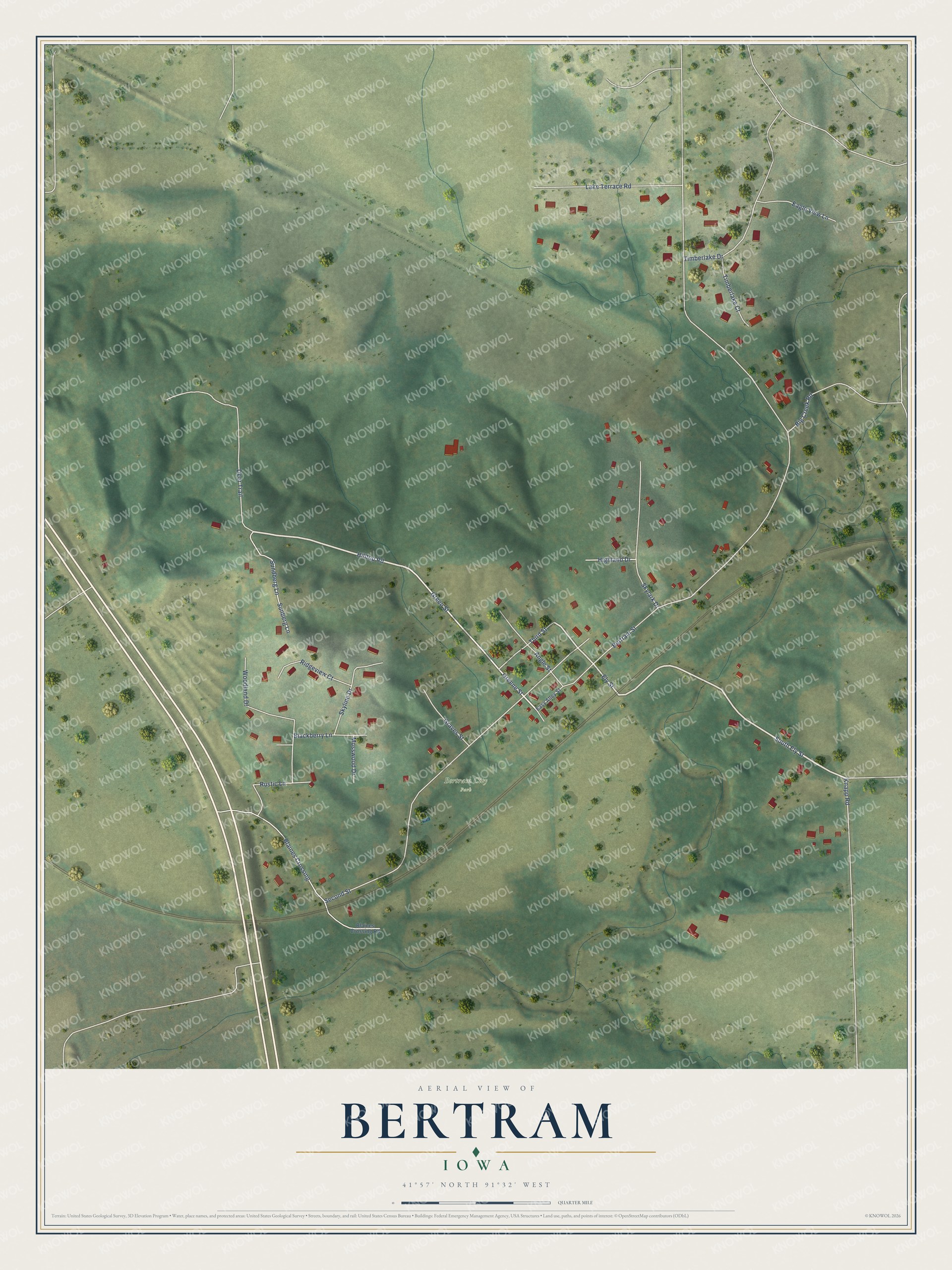 Full map of Bertram, Iowa, with red buildings, printed street names and the land around them