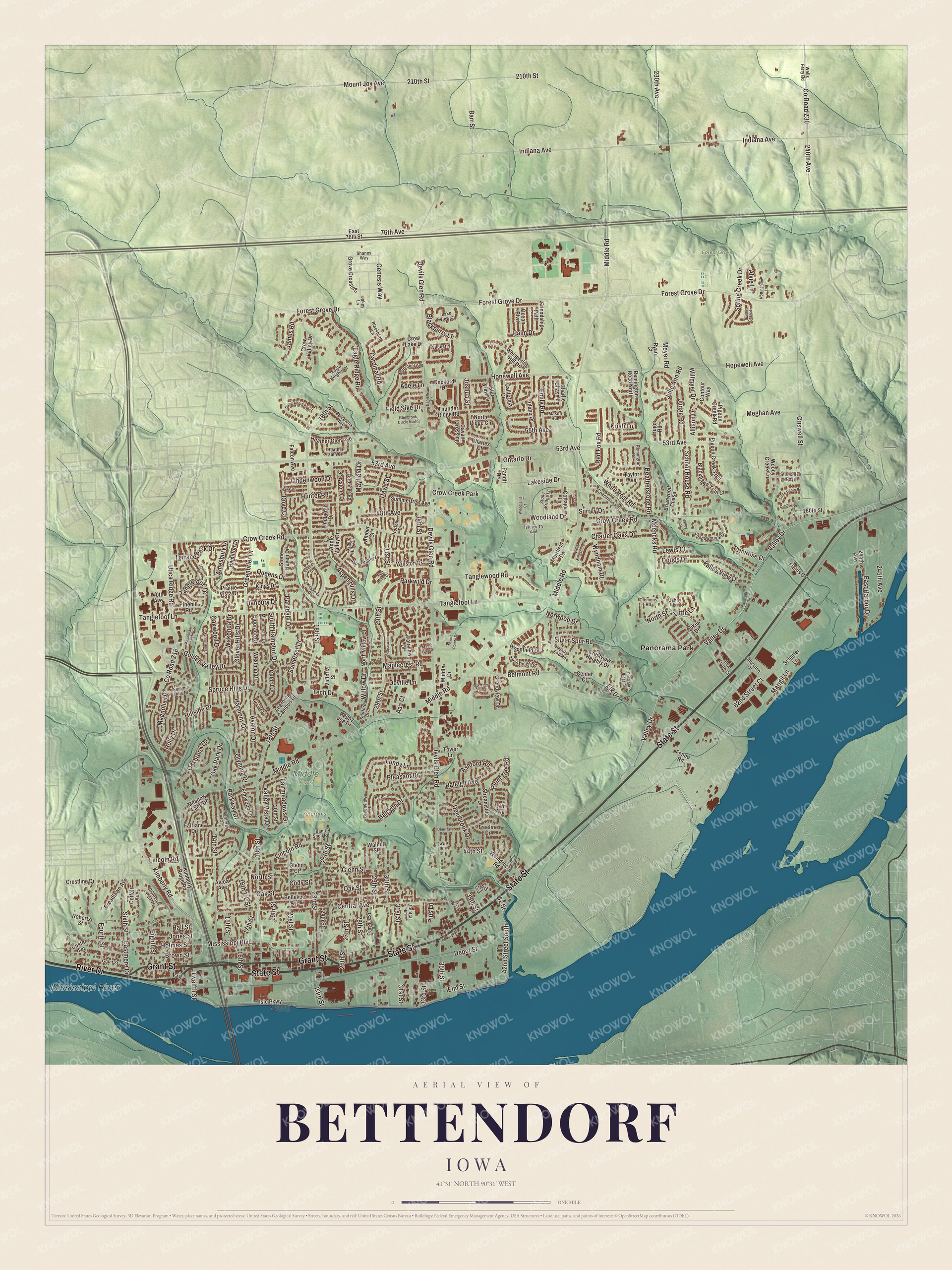 Full map of Bettendorf, Iowa, with red buildings, printed street names and the land around them