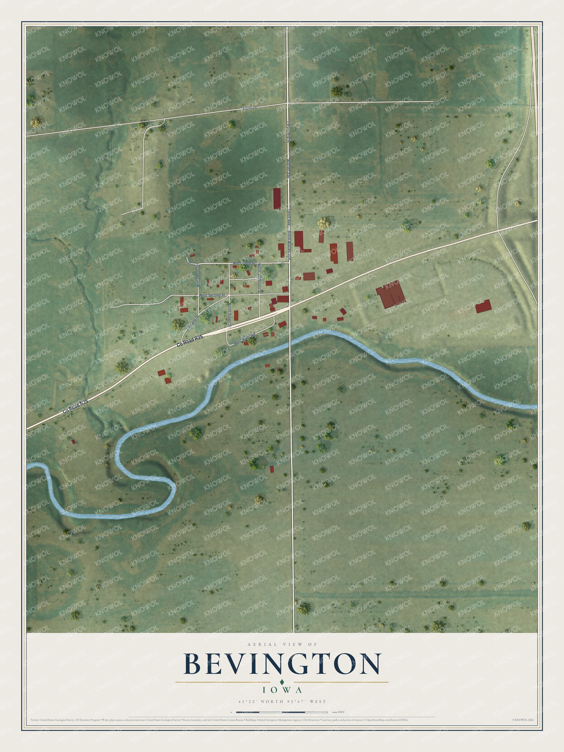 Full map of Bevington, Iowa, with red buildings, printed street names and the land around them