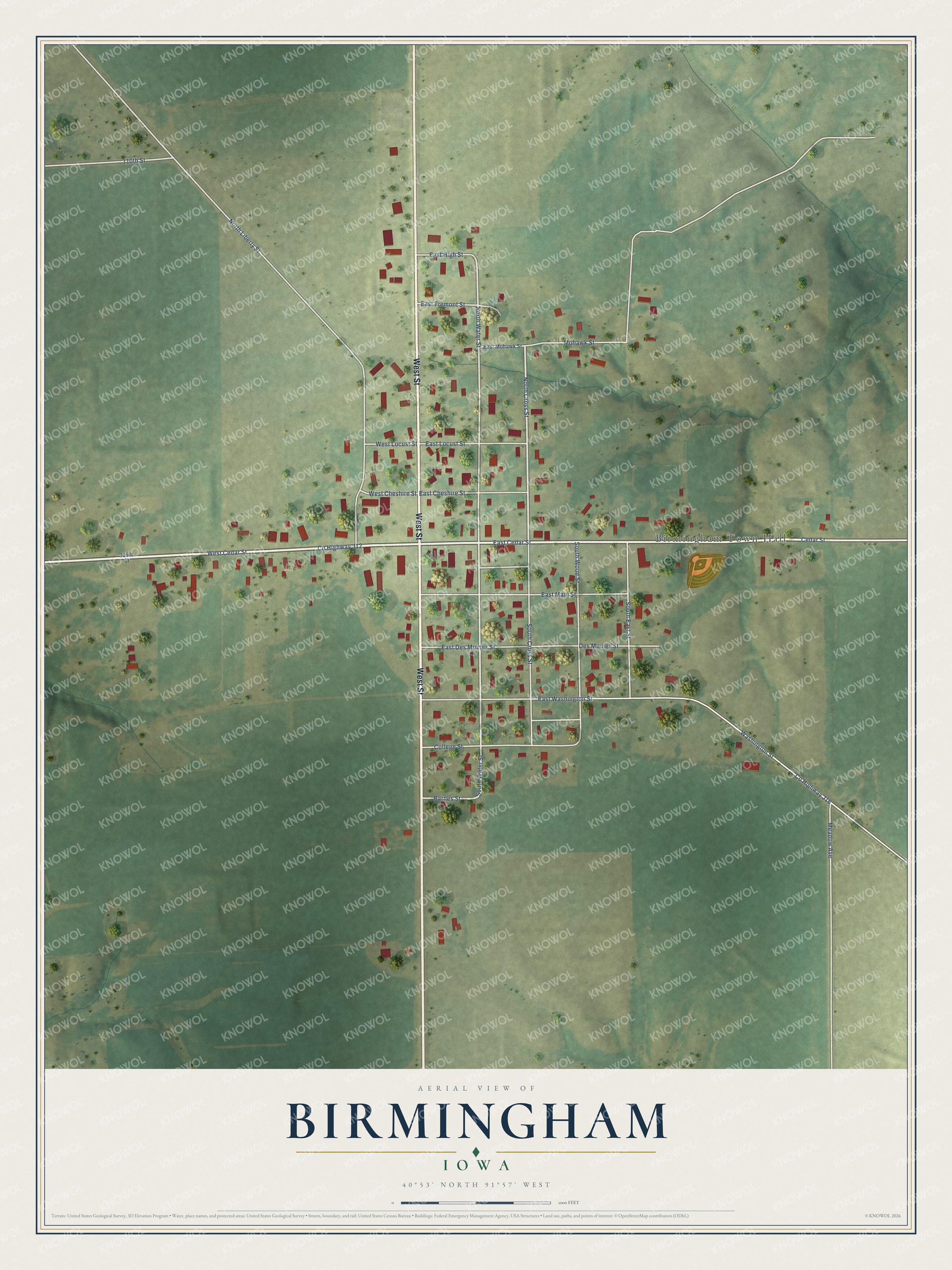 Full map of Birmingham, Iowa, with red buildings, printed street names and the land around them