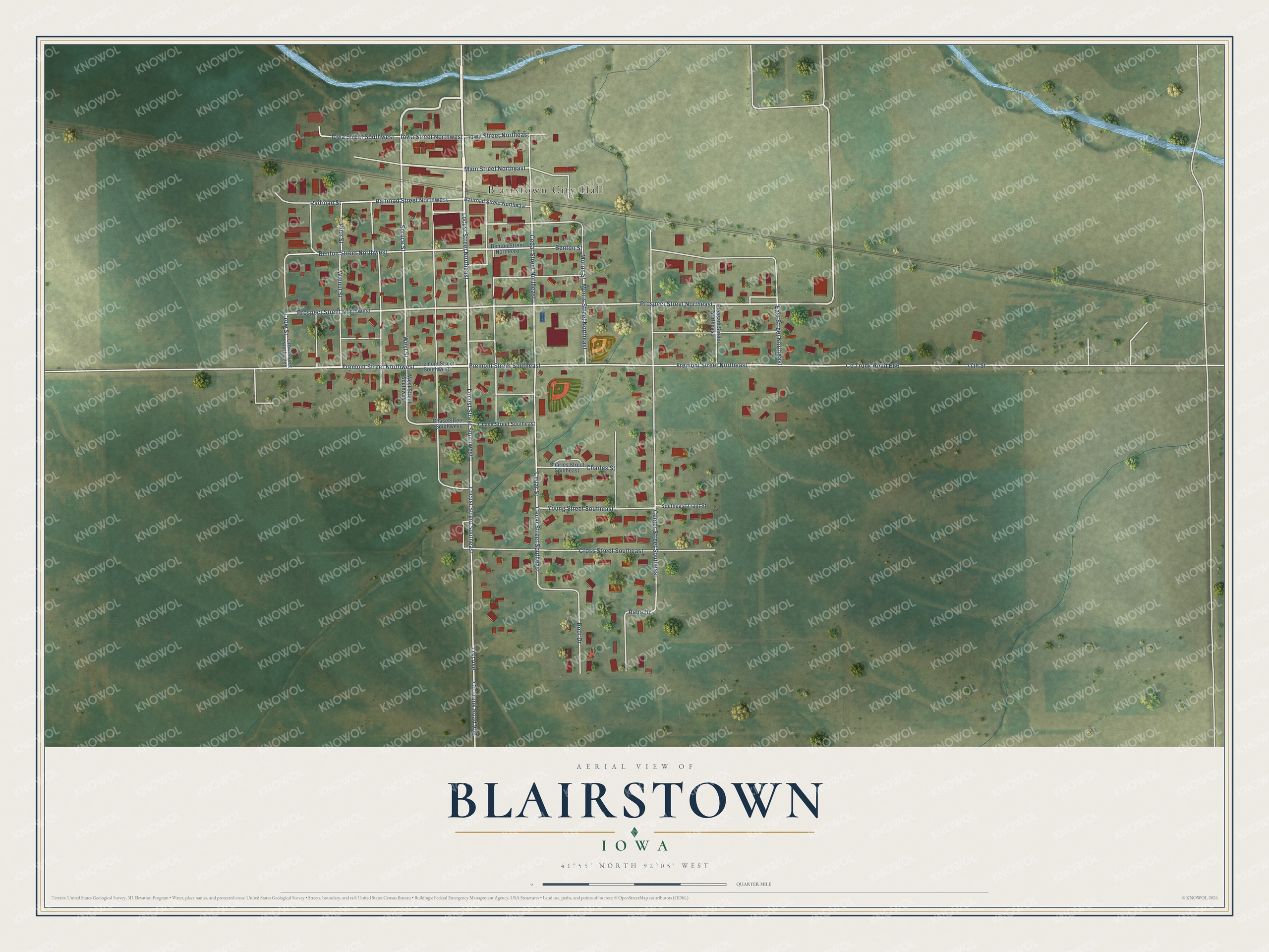 Full map of Blairstown, Iowa, with red buildings, printed street names and the land around them