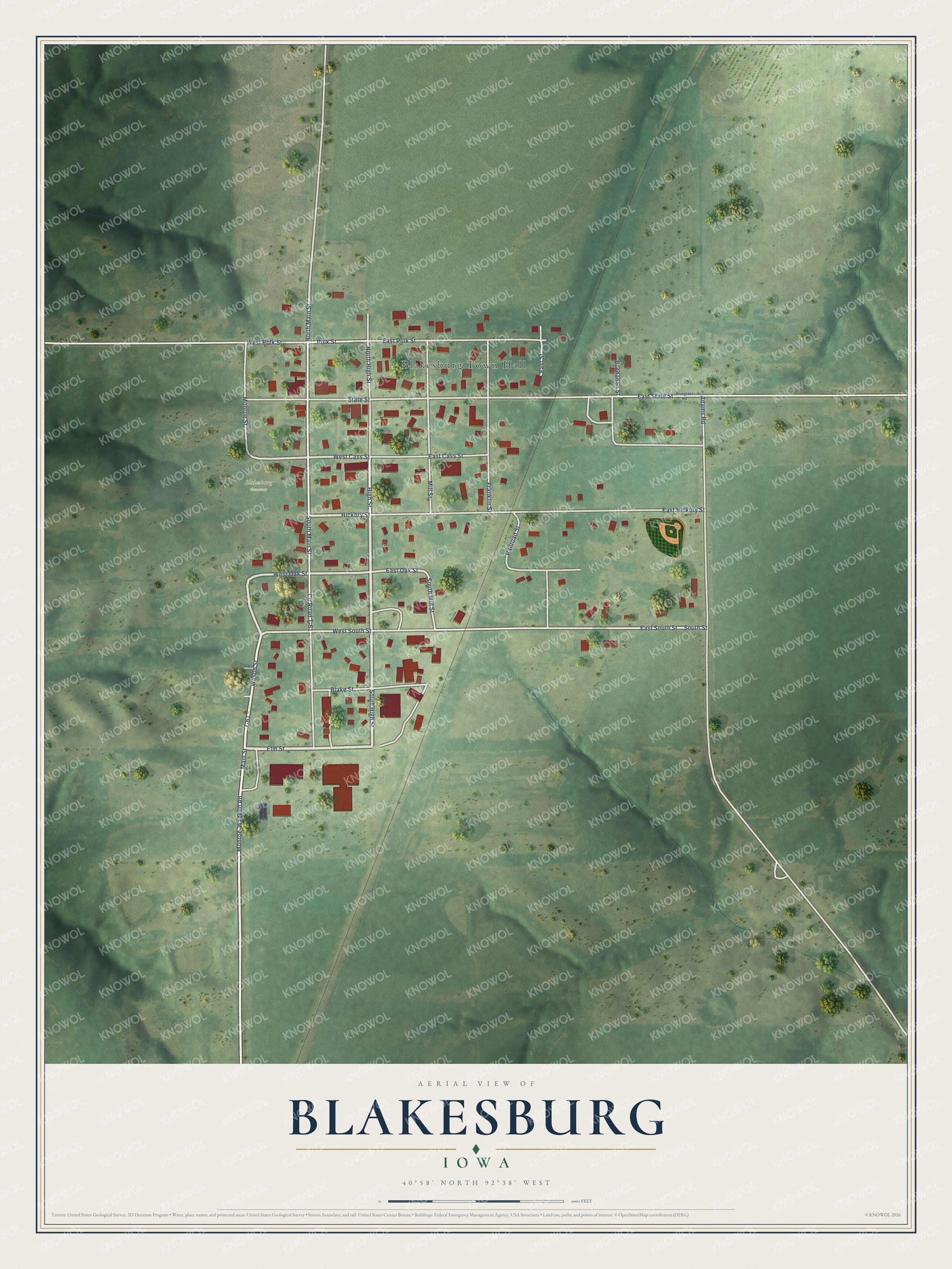 Full map of Blakesburg, Iowa, with red buildings, printed street names and the land around them