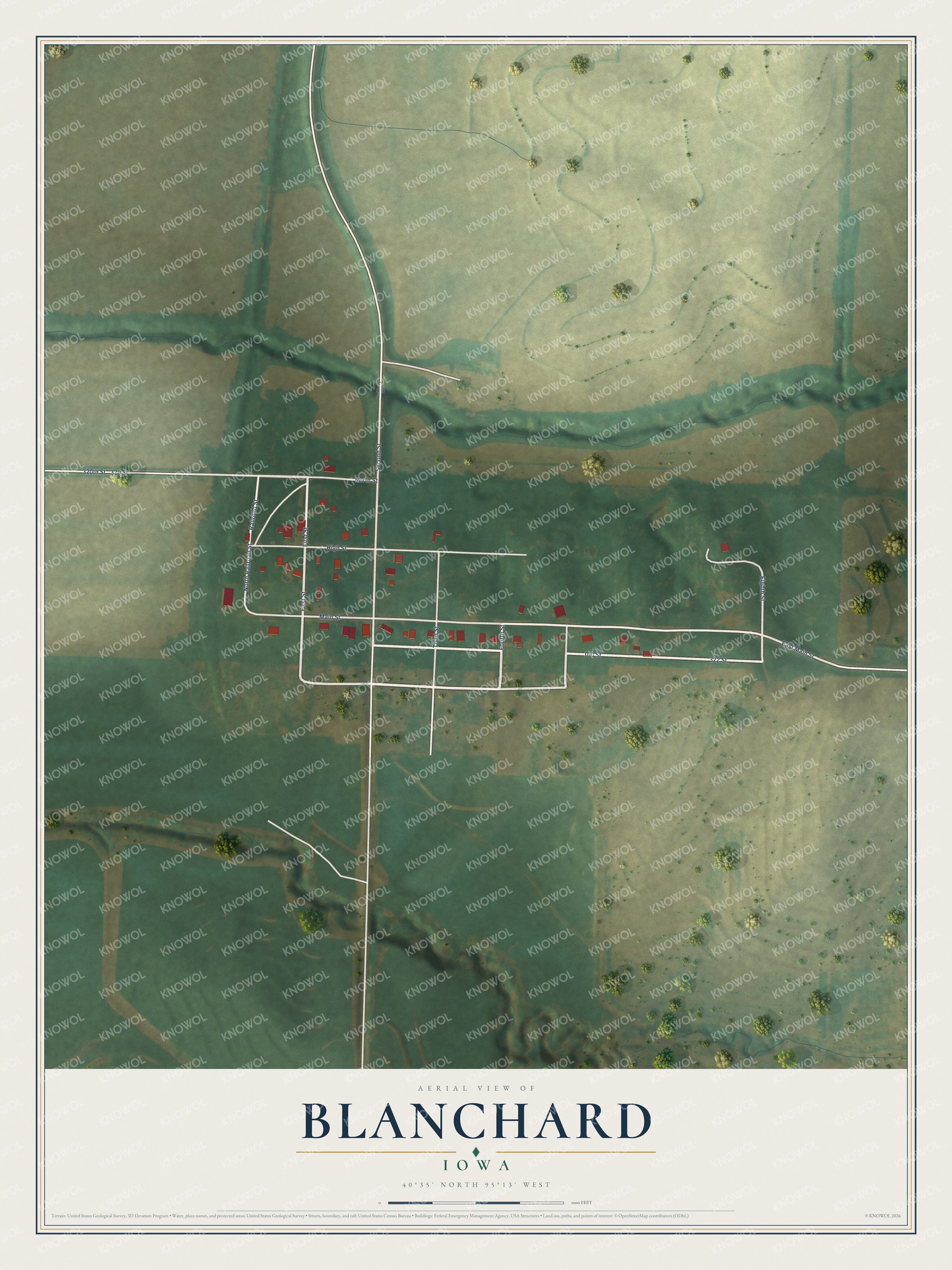 Full map of Blanchard, Iowa, with red buildings, printed street names and the land around them