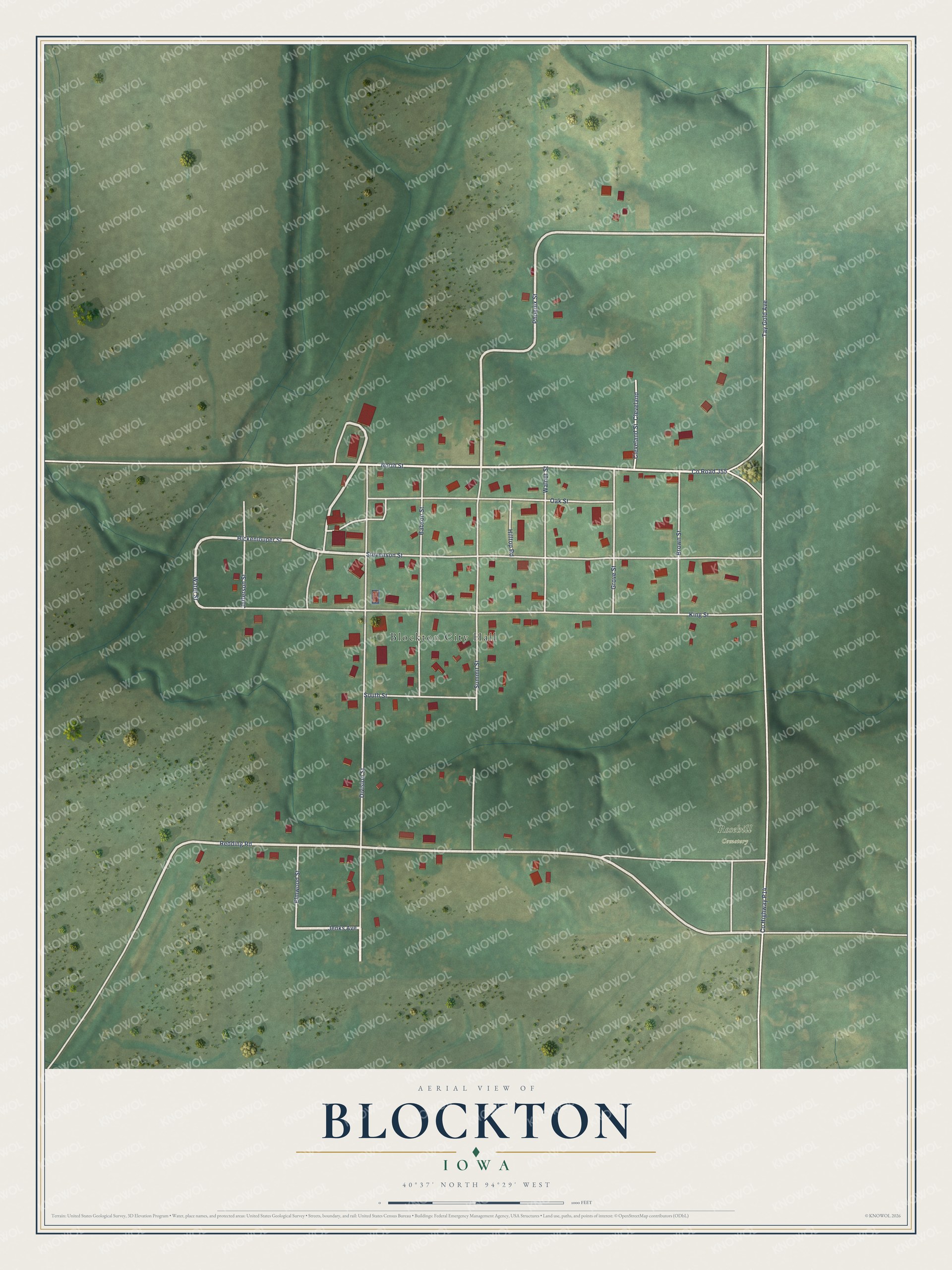 Full map of Blockton, Iowa, with red buildings, printed street names and the land around them