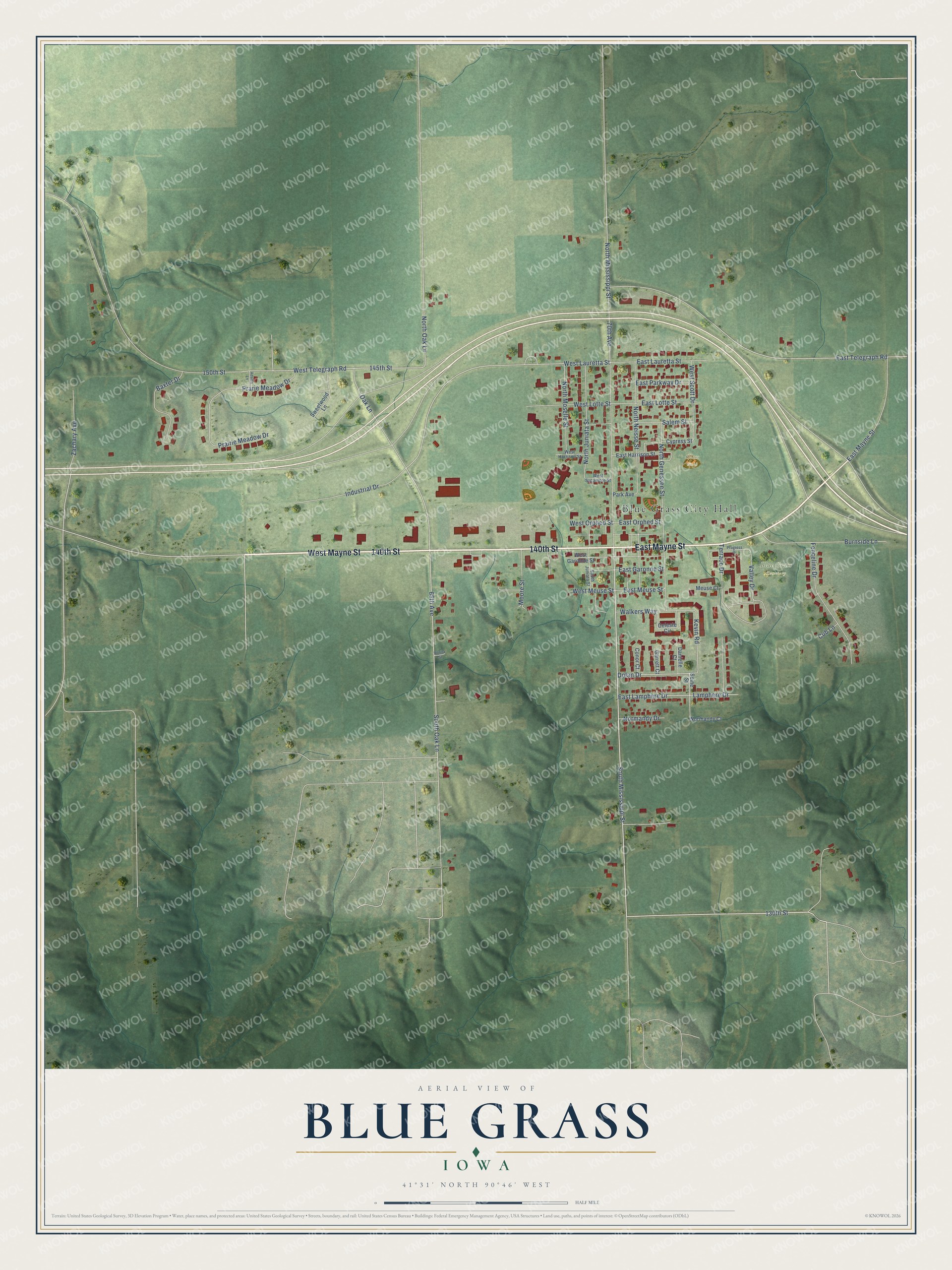 Full map of Blue Grass, Iowa, with red buildings, printed street names and the land around them