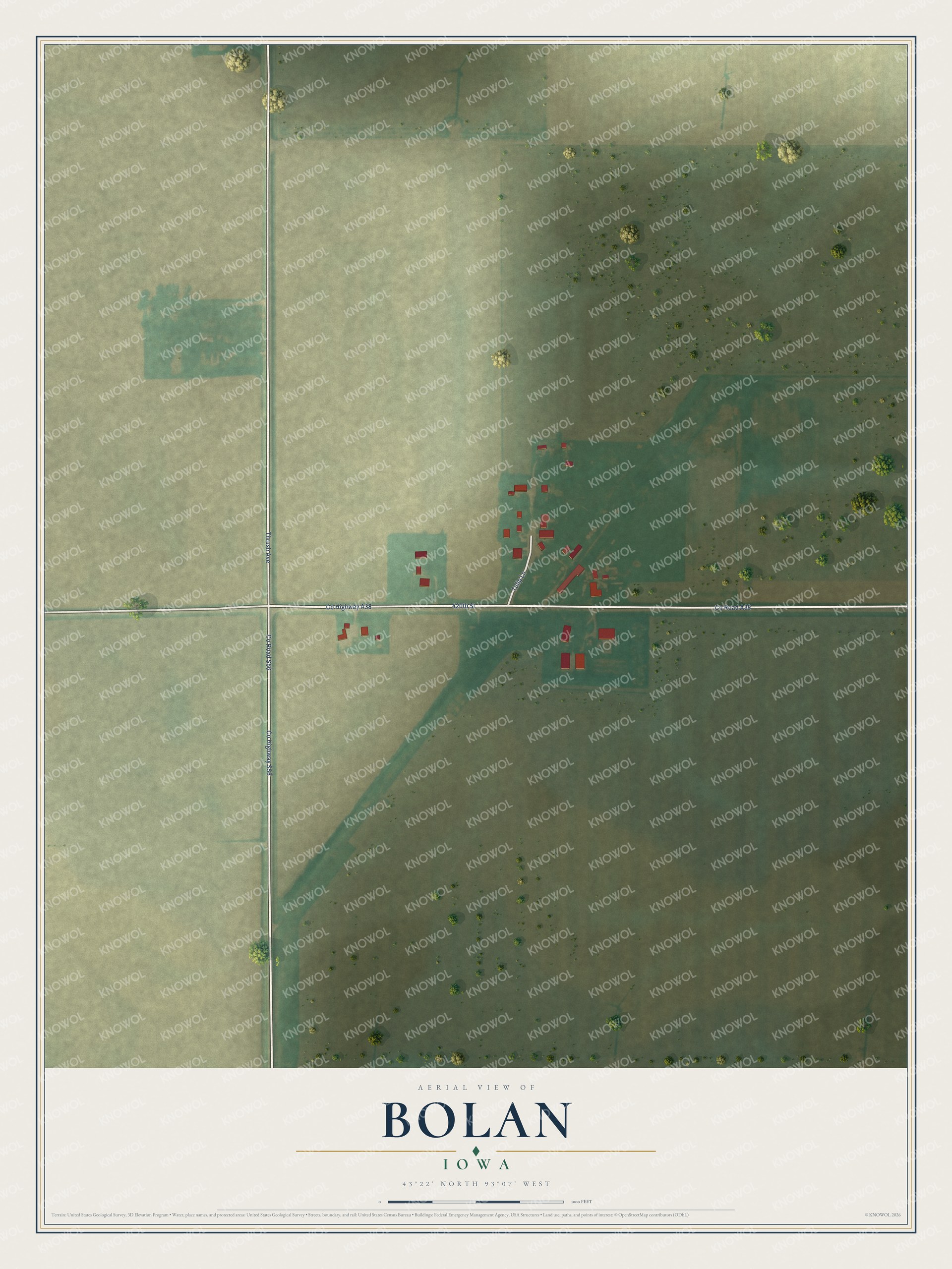 Full map of Bolan, Iowa, with red buildings, printed street names and the land around them