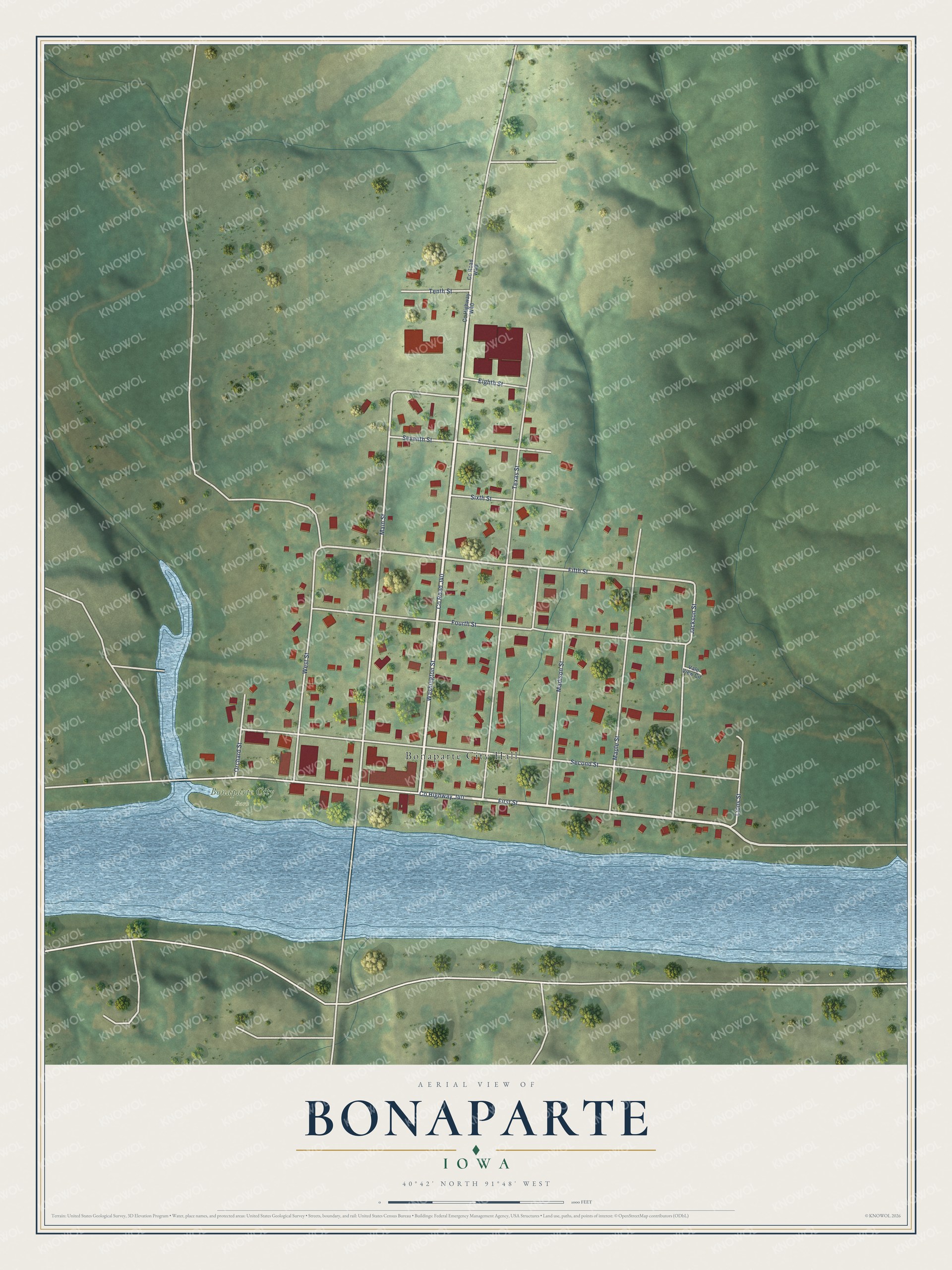 Full map of Bonaparte, Iowa, with red buildings, printed street names and the land around them