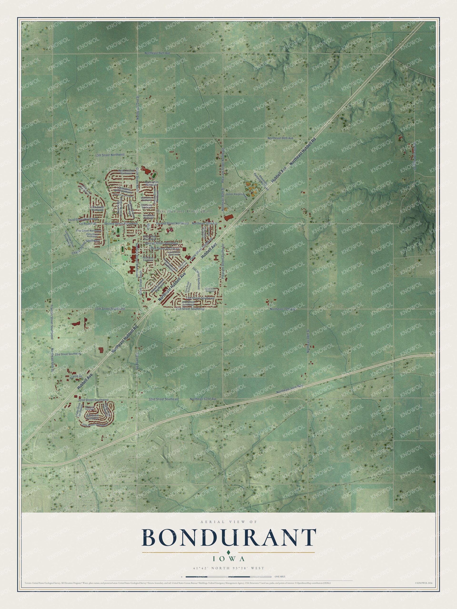 Full map of Bondurant, Iowa, with red buildings, printed street names and the land around them