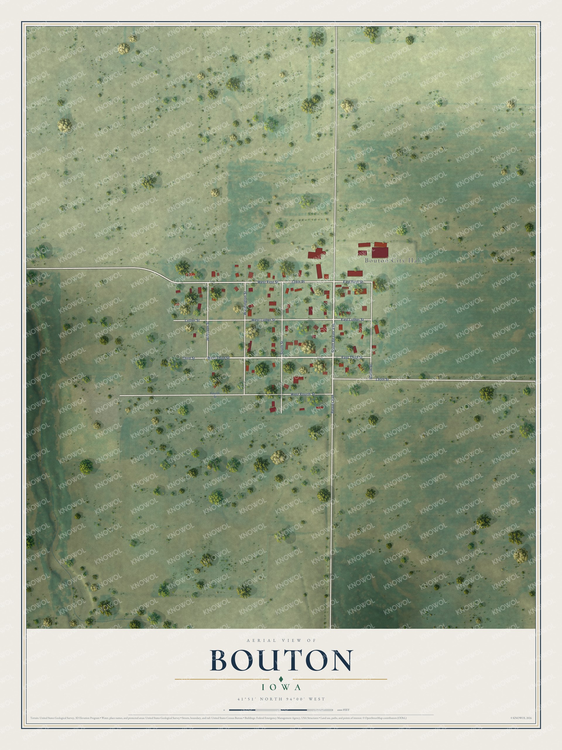 Full map of Bouton, Iowa, with red buildings, printed street names and the land around them