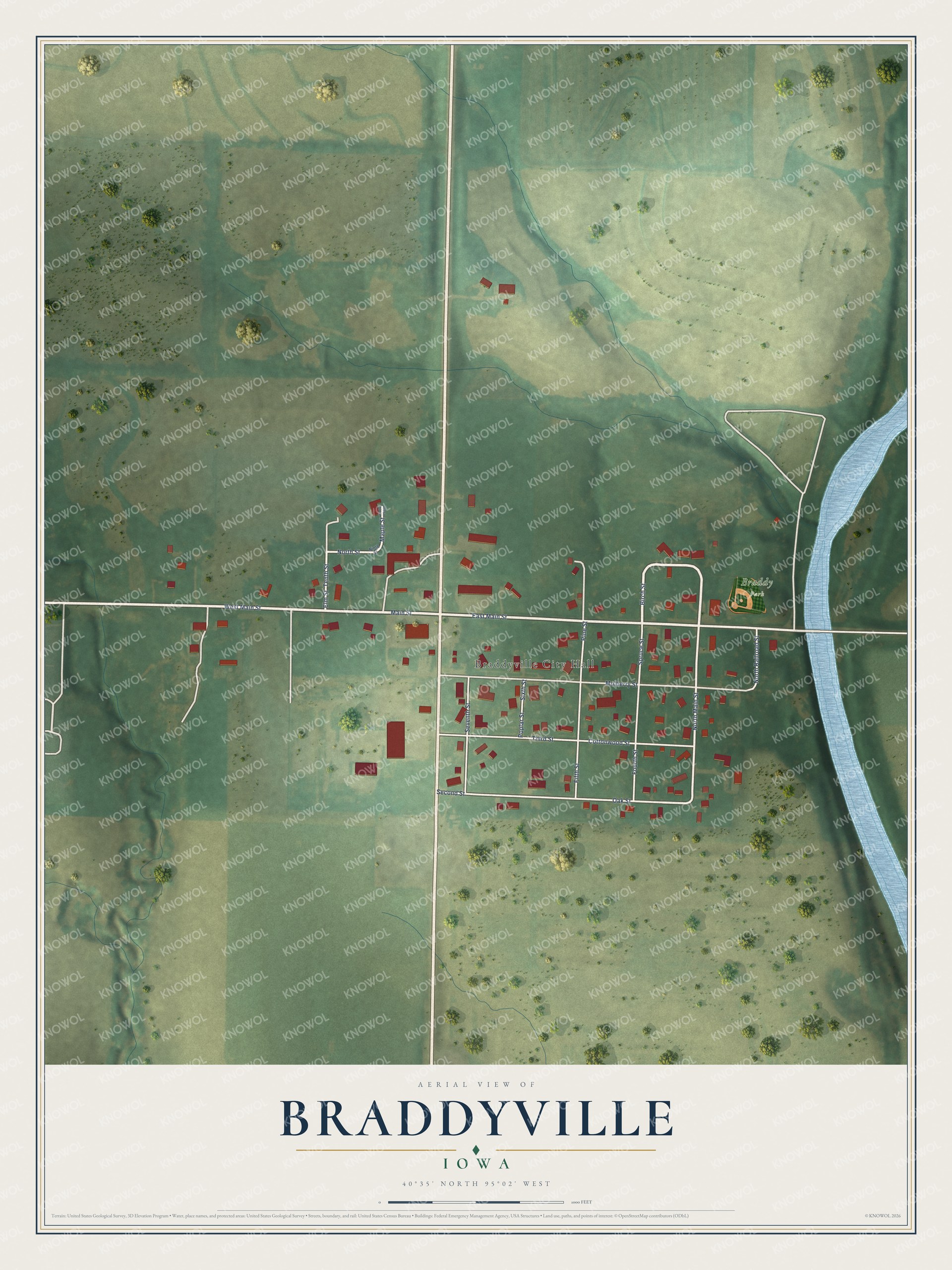 Full map of Braddyville, Iowa, with red buildings, printed street names and the land around them