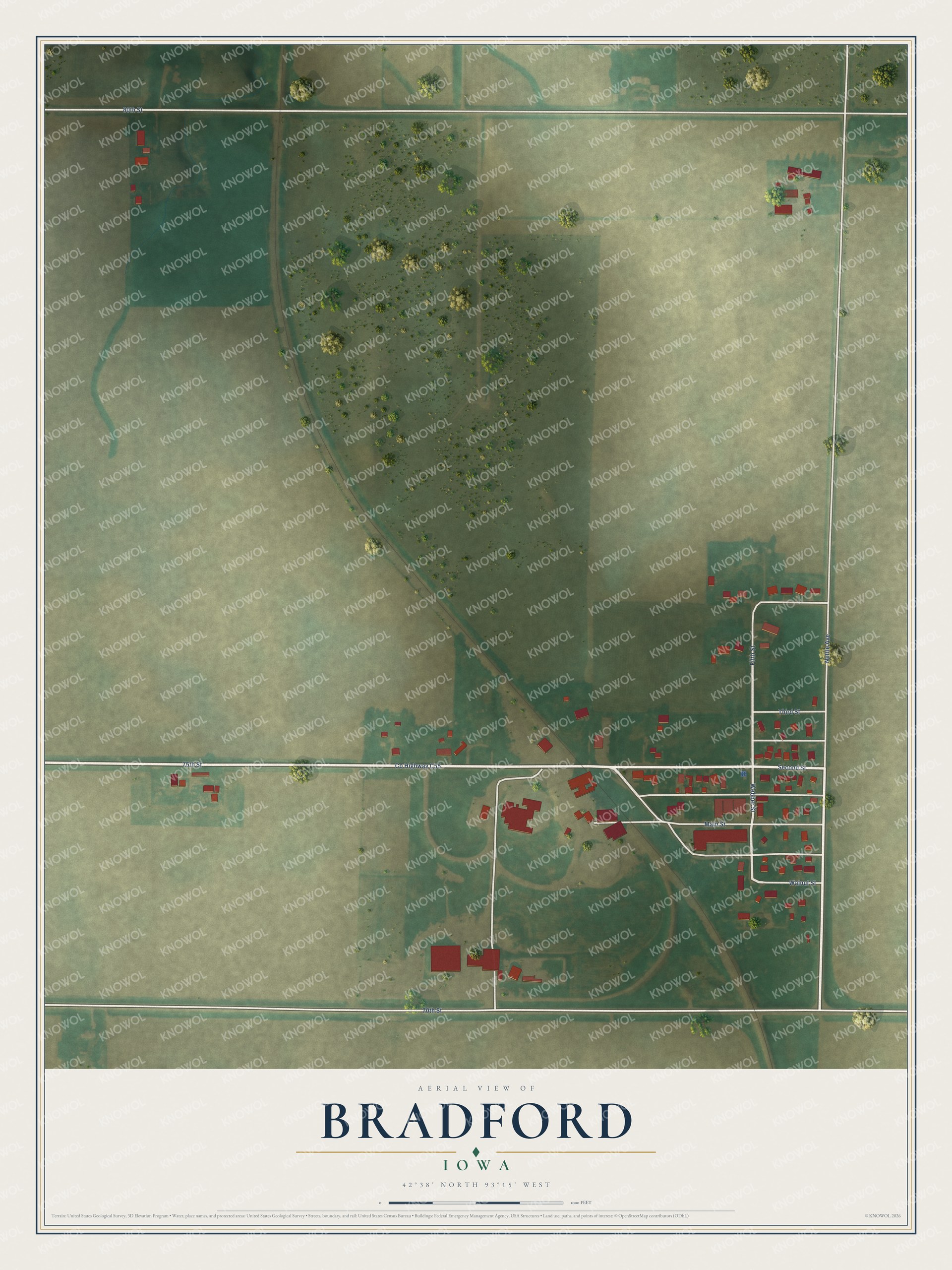 Full map of Bradford, Iowa, with red buildings, printed street names and the land around them