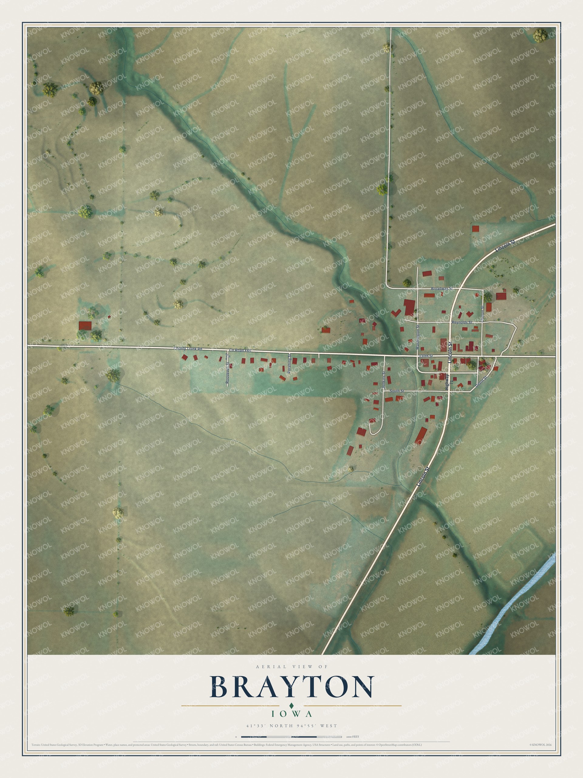 Full map of Brayton, Iowa, with red buildings, printed street names and the land around them