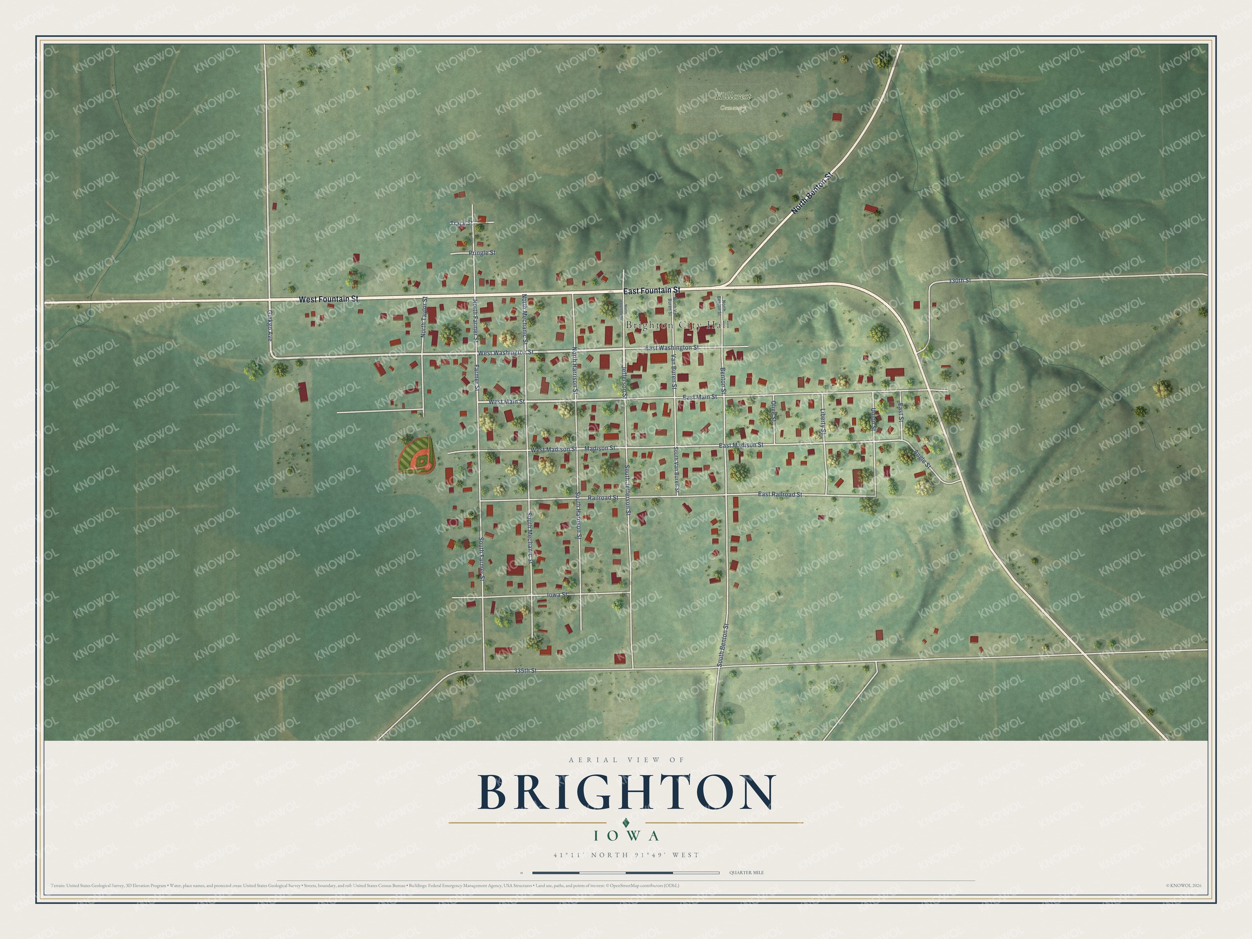 Full map of Brighton, Iowa, with red buildings, printed street names and the land around them