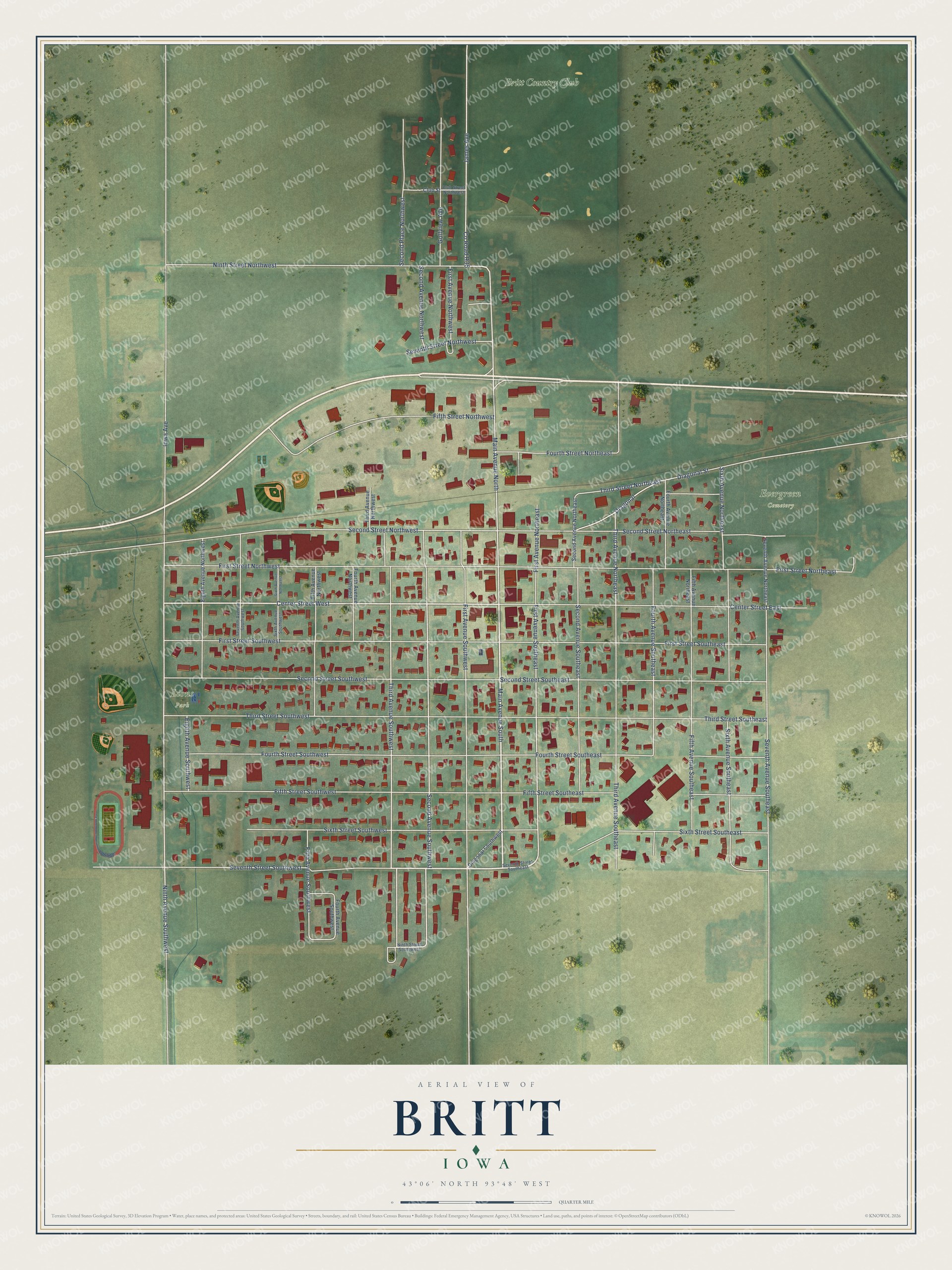 Full map of Britt, Iowa, with red buildings, printed street names and the land around them