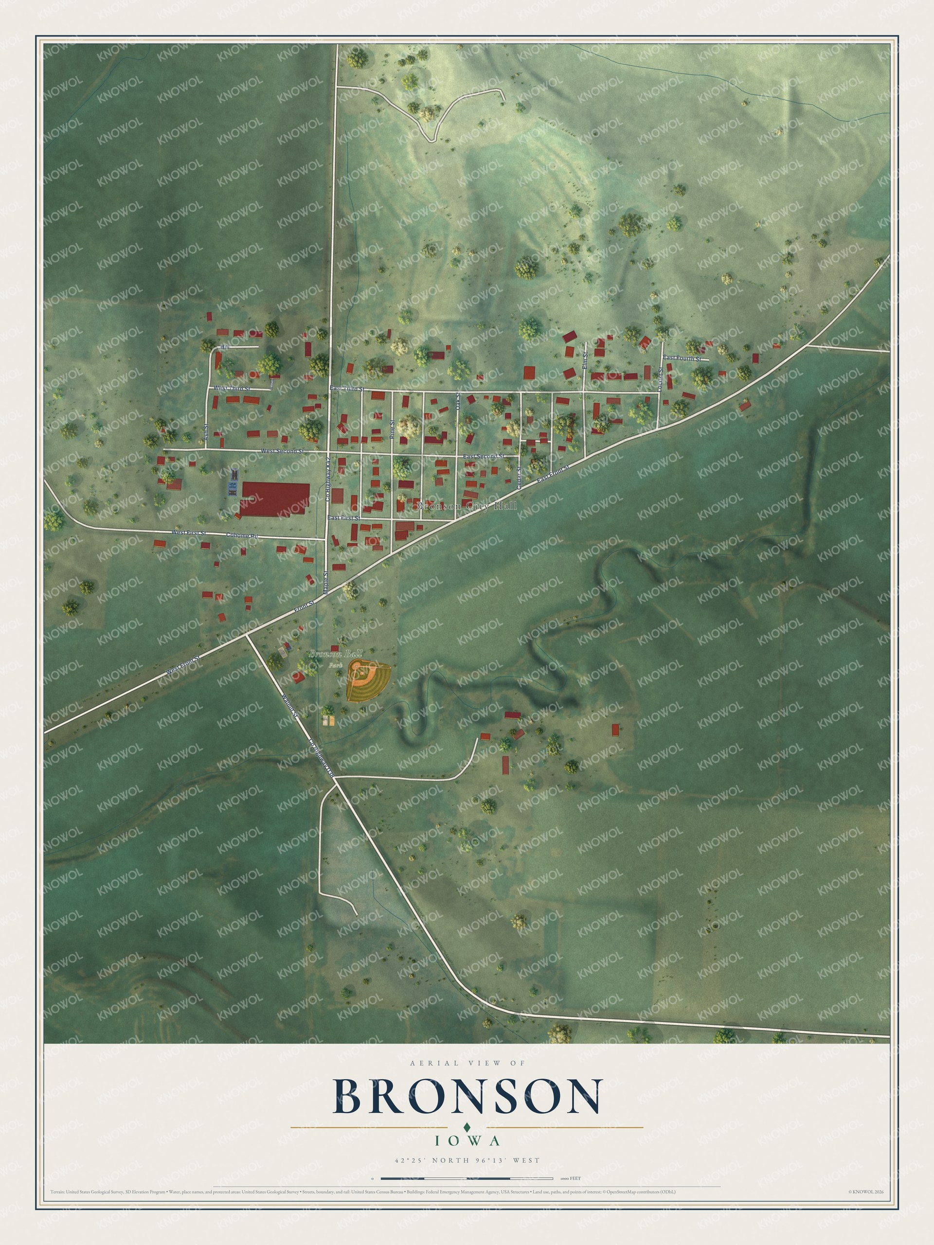 Full map of Bronson, Iowa, with red buildings, printed street names and the land around them