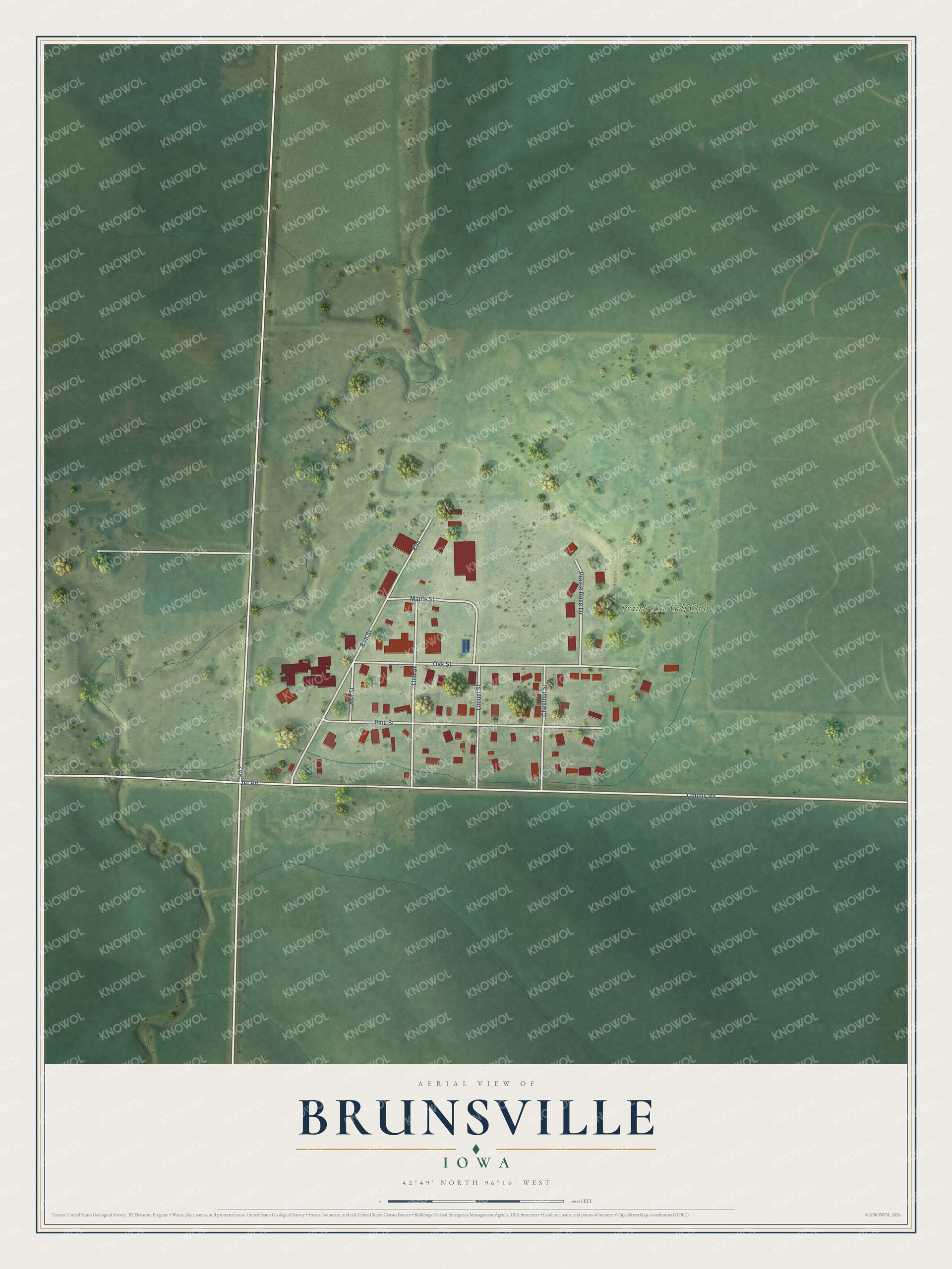 Full map of Brunsville, Iowa, with red buildings, printed street names and the land around them