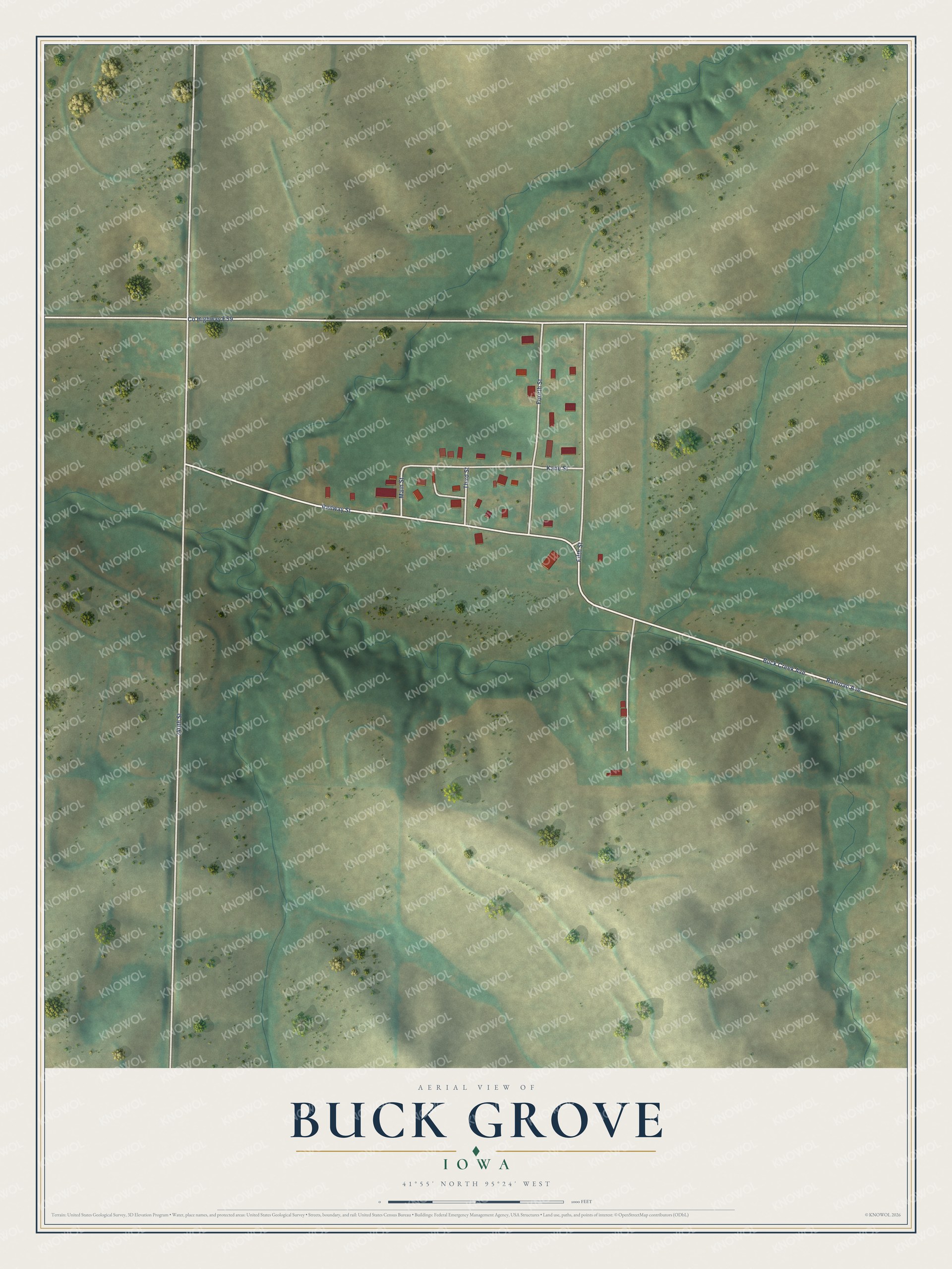 Full map of Buck Grove, Iowa, with red buildings, printed street names and the land around them