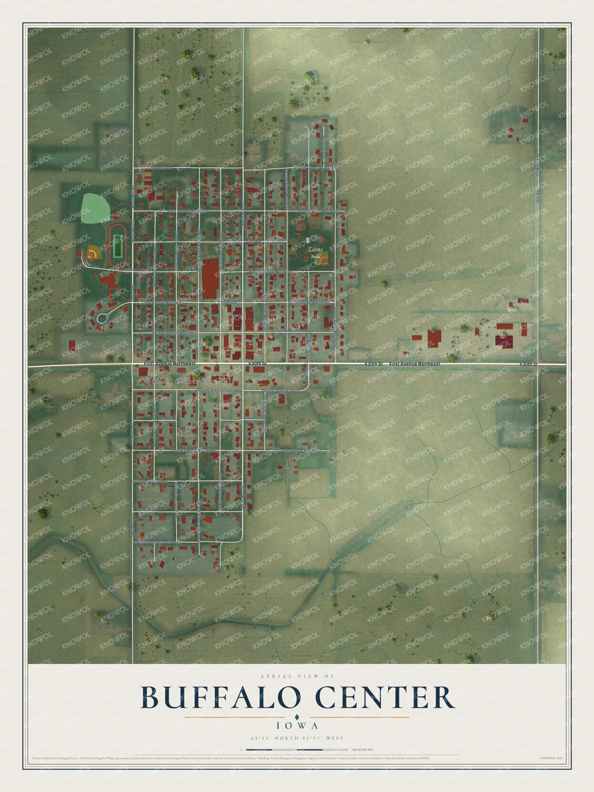 Full map of Buffalo Center, Iowa, with red buildings, printed street names and the land around them