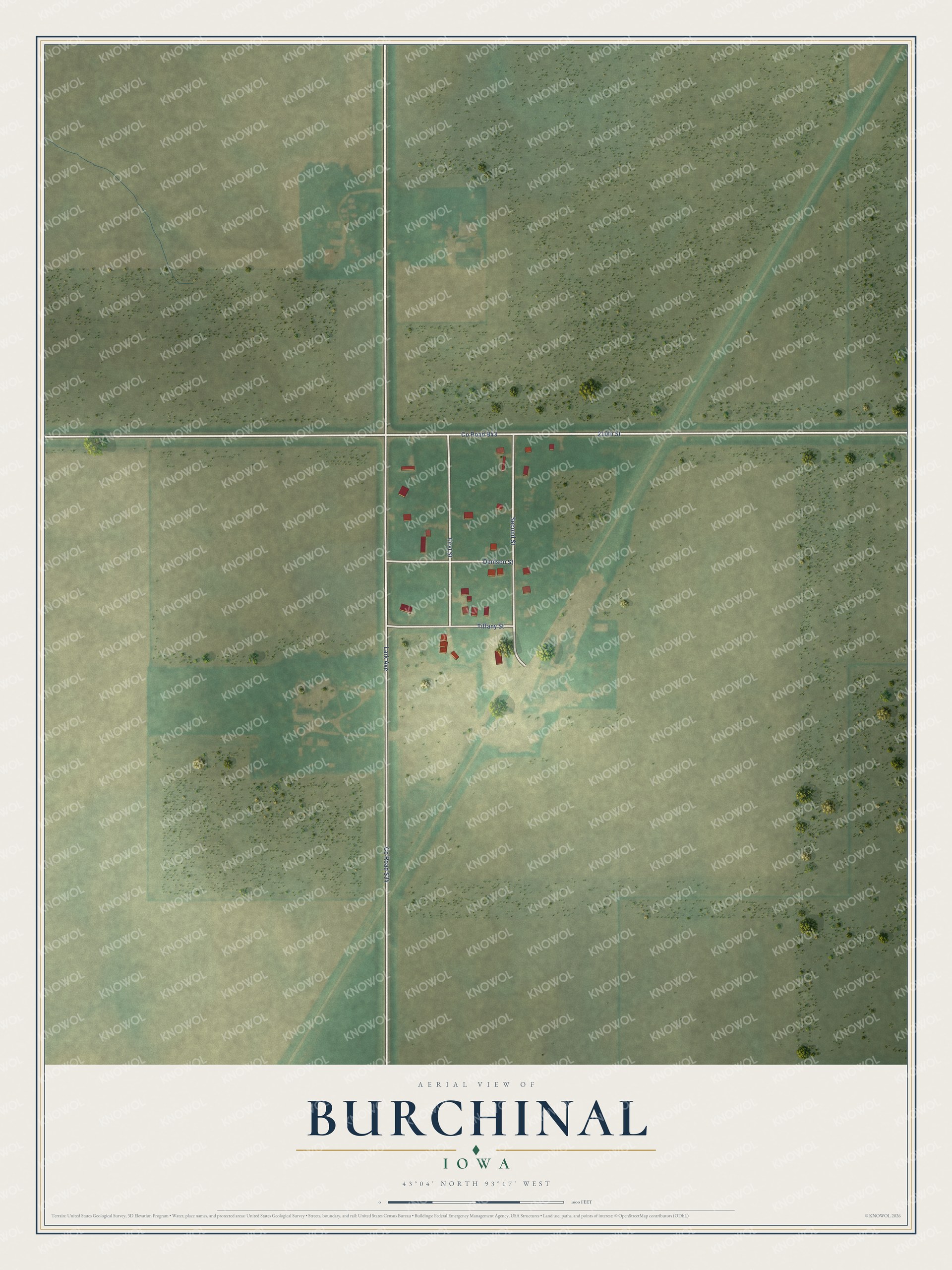Full map of Burchinal, Iowa, with red buildings, printed street names and the land around them
