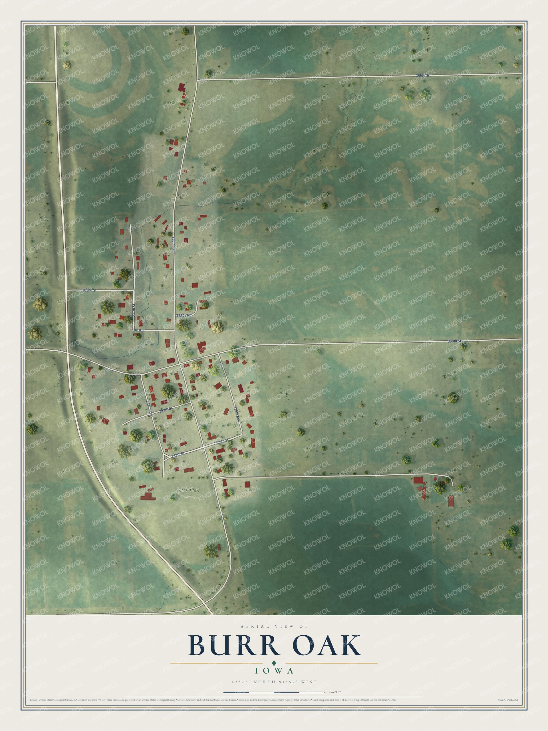 Full map of Burr Oak, Iowa, with red buildings, printed street names and the land around them