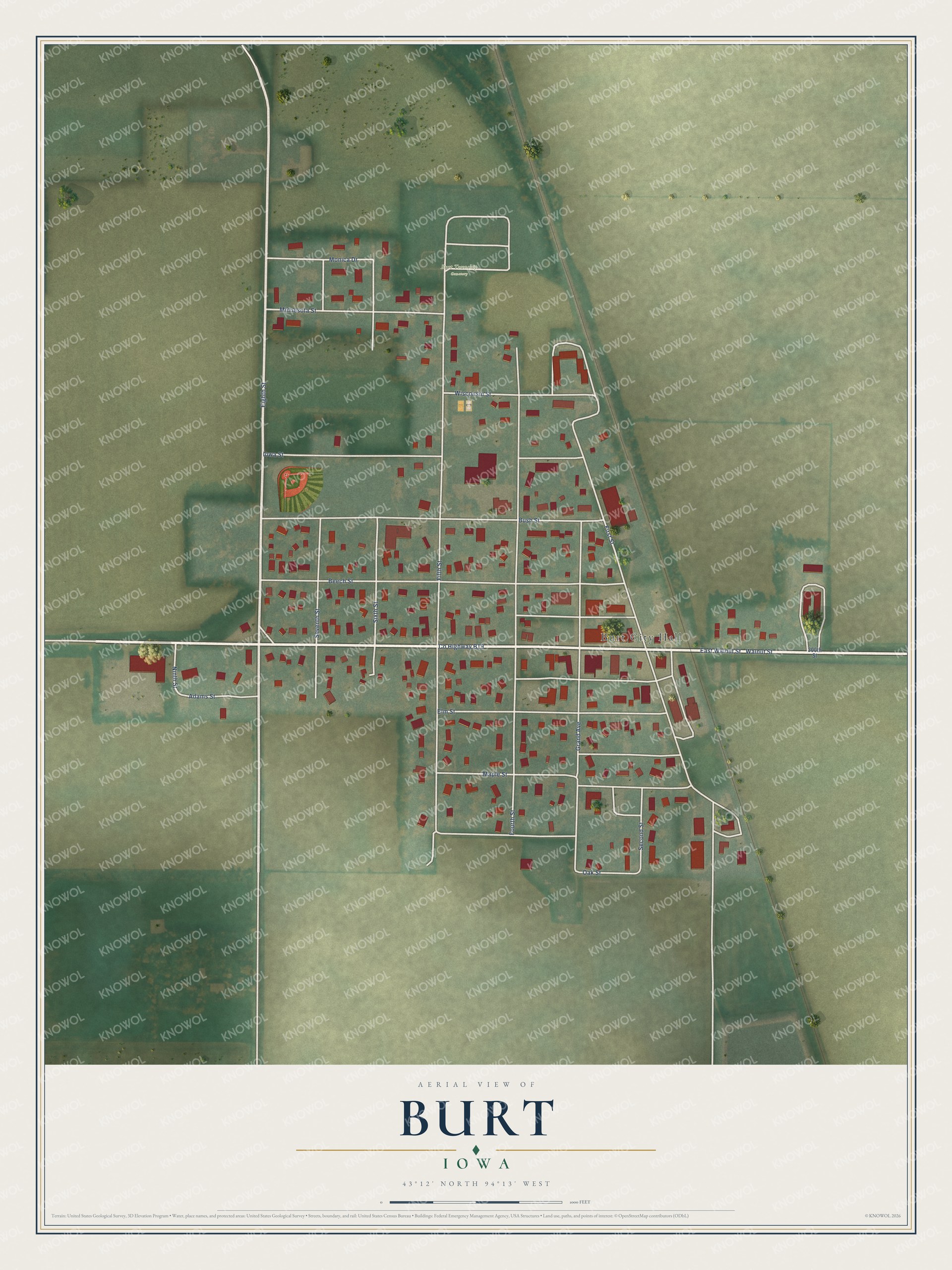 Full map of Burt, Iowa, with red buildings, printed street names and the land around them