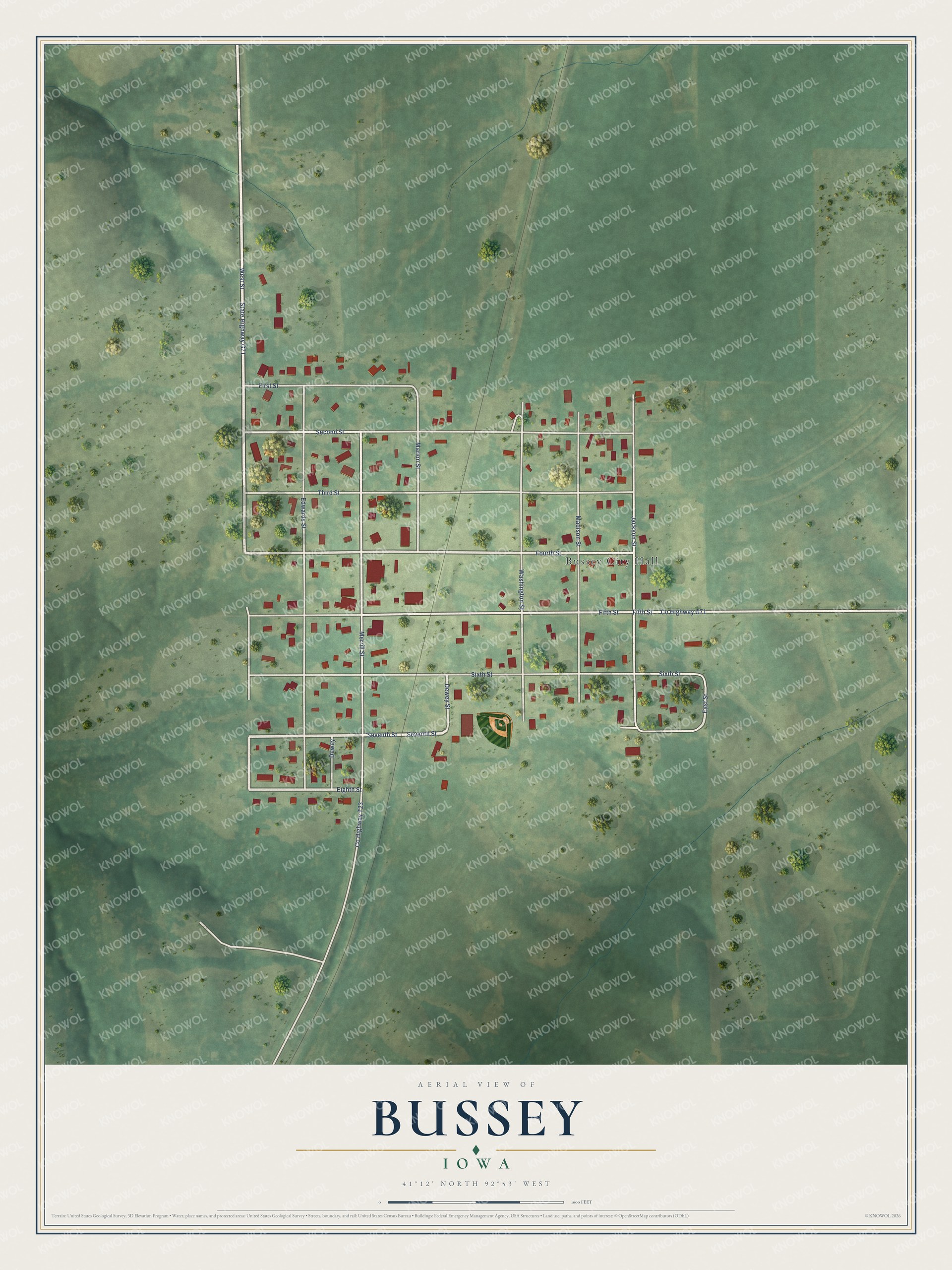 Full map of Bussey, Iowa, with red buildings, printed street names and the land around them