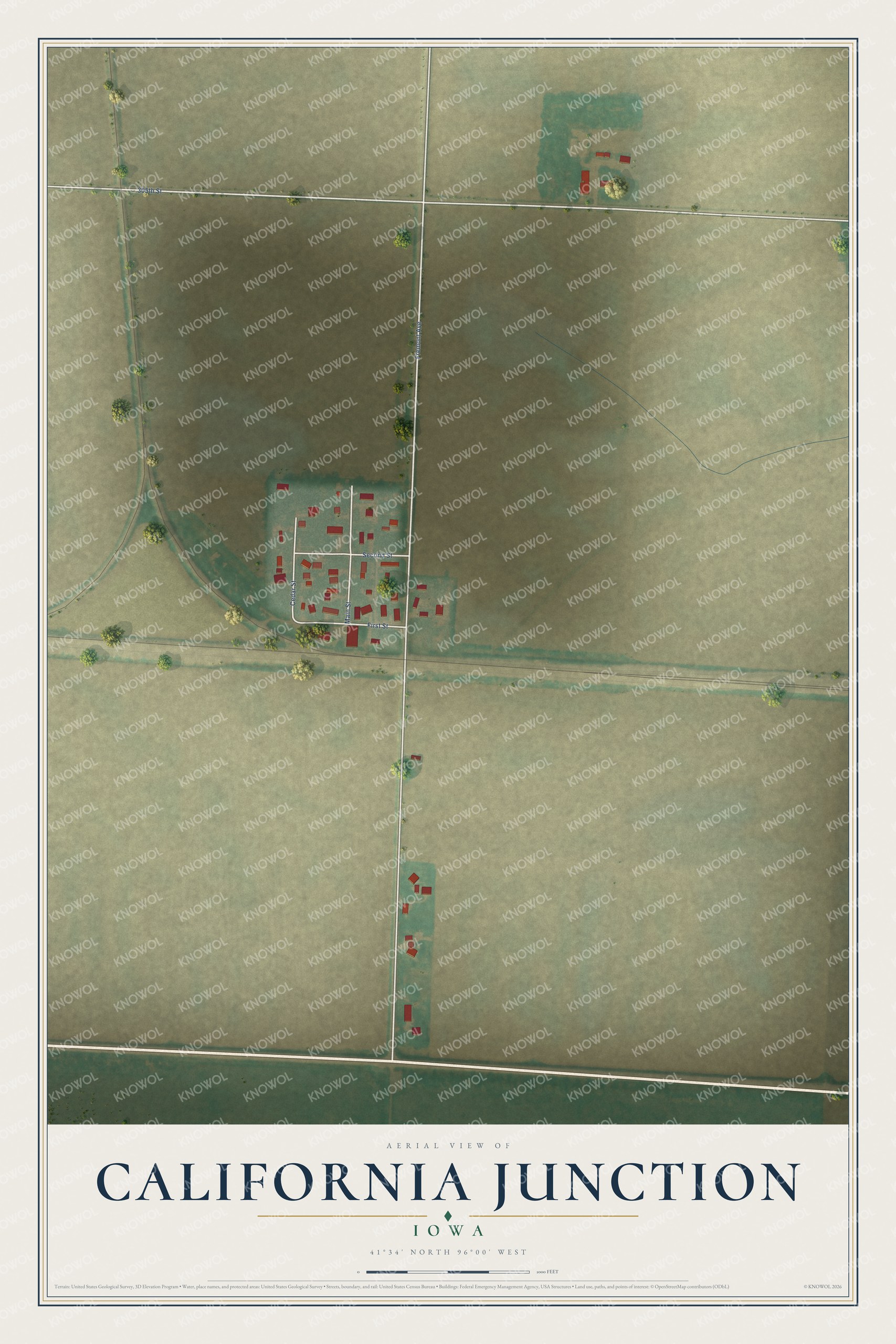 Full map of California Junction, Iowa, with red buildings, printed street names and the land around them