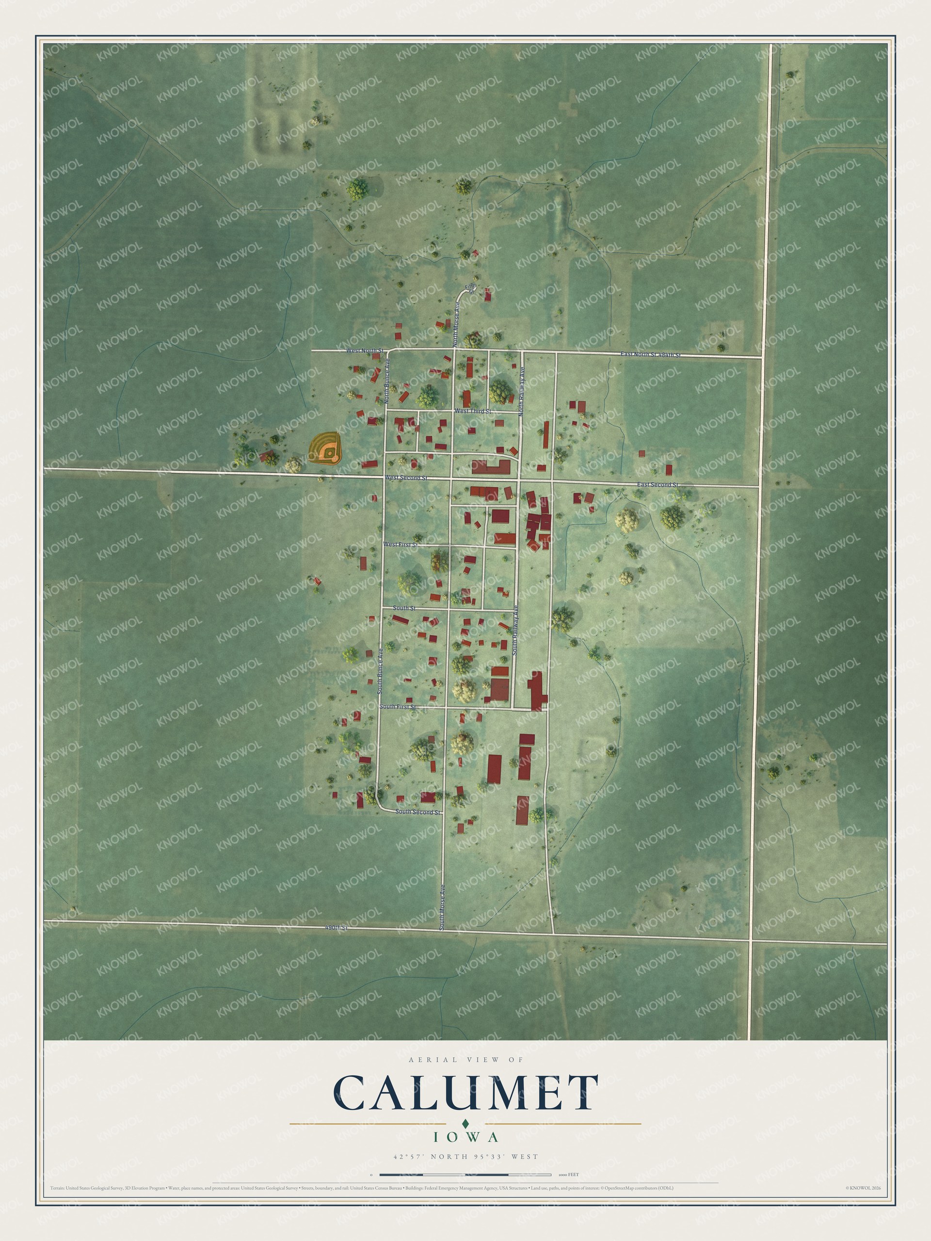 Full map of Calumet, Iowa, with red buildings, printed street names and the land around them
